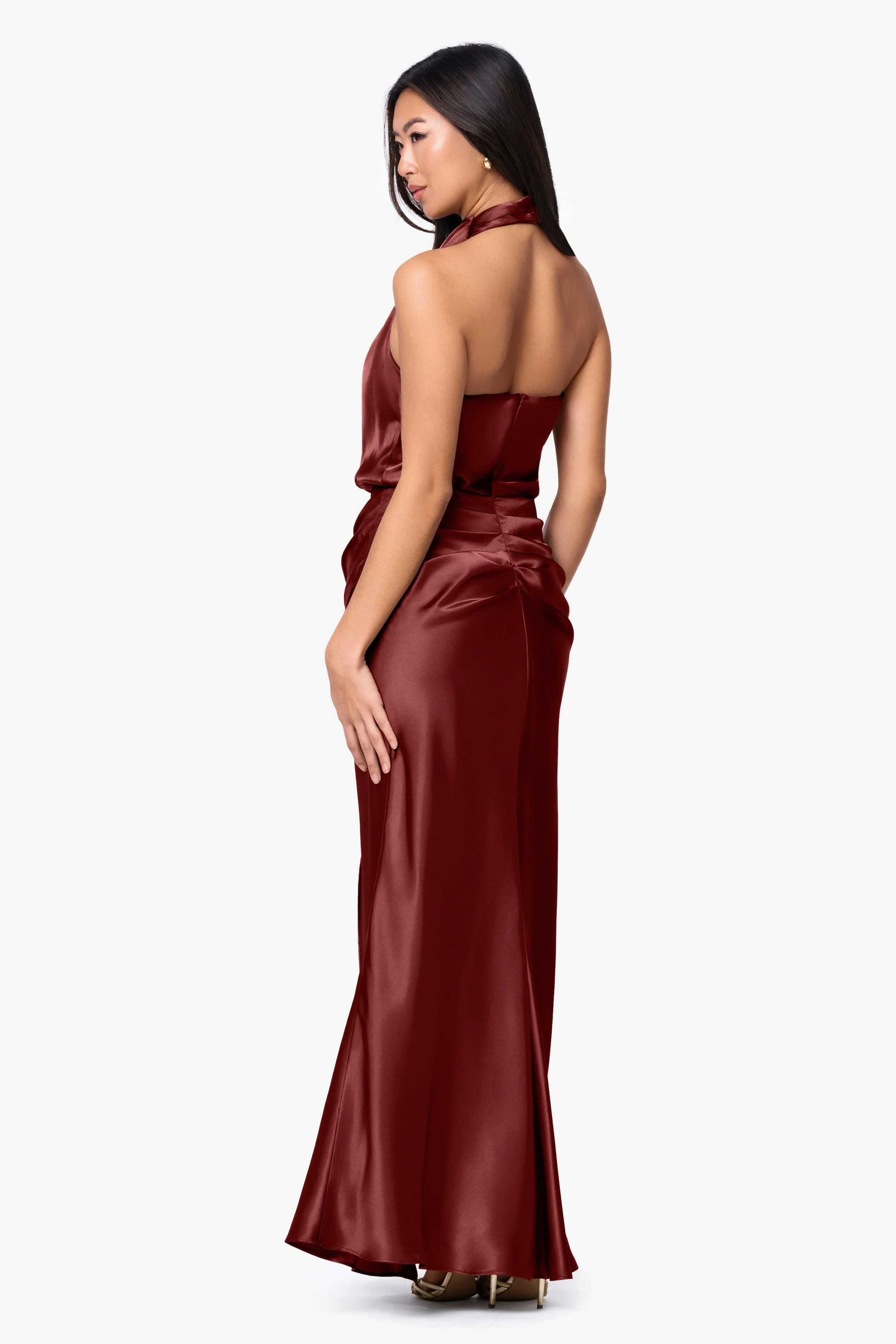 "Lara" Charmeuse Halter Rouche Long Dress sold by Betsy & Adam product image thumbnail 3