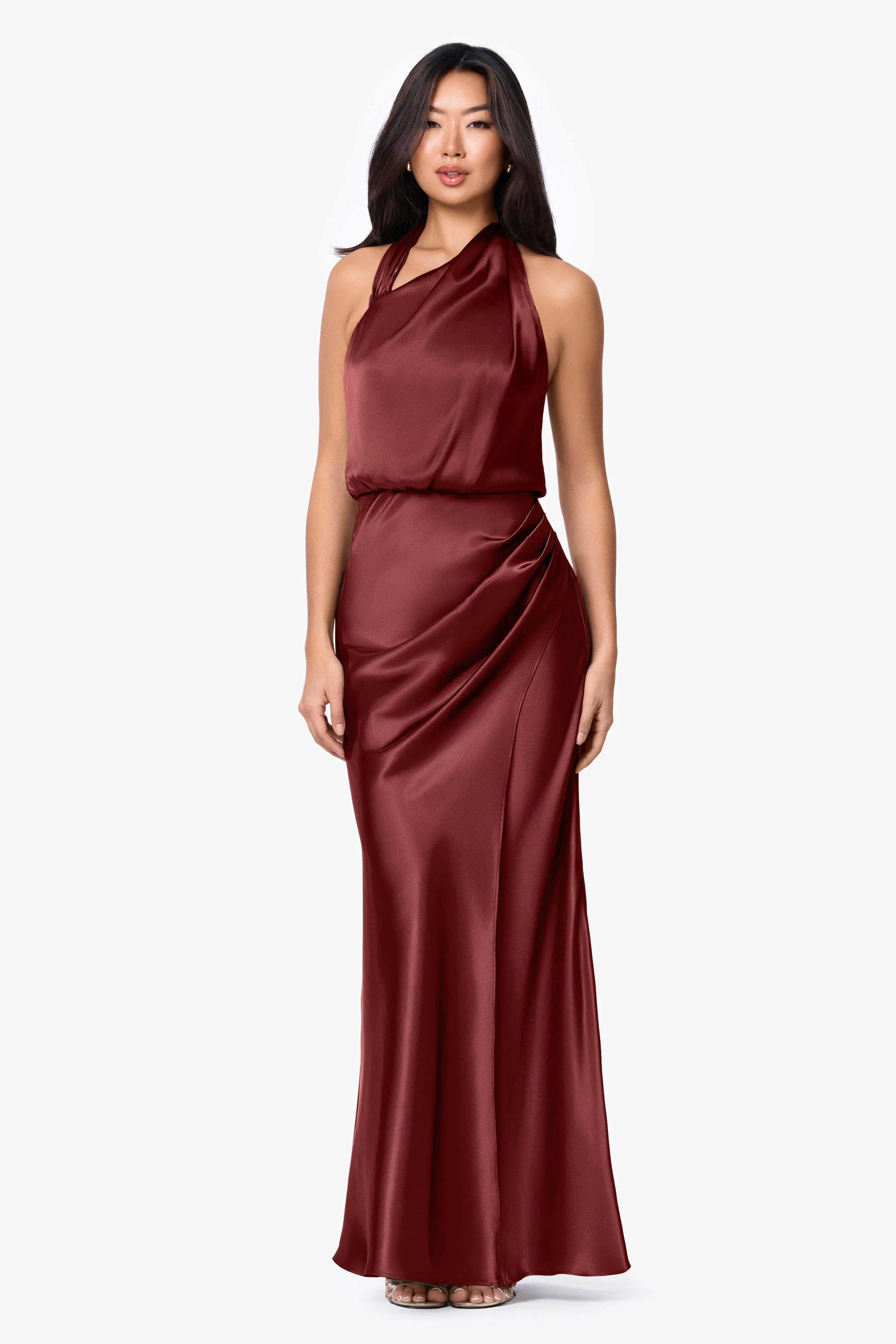 "Lara" Charmeuse Halter Rouche Long Dress sold by Betsy & Adam