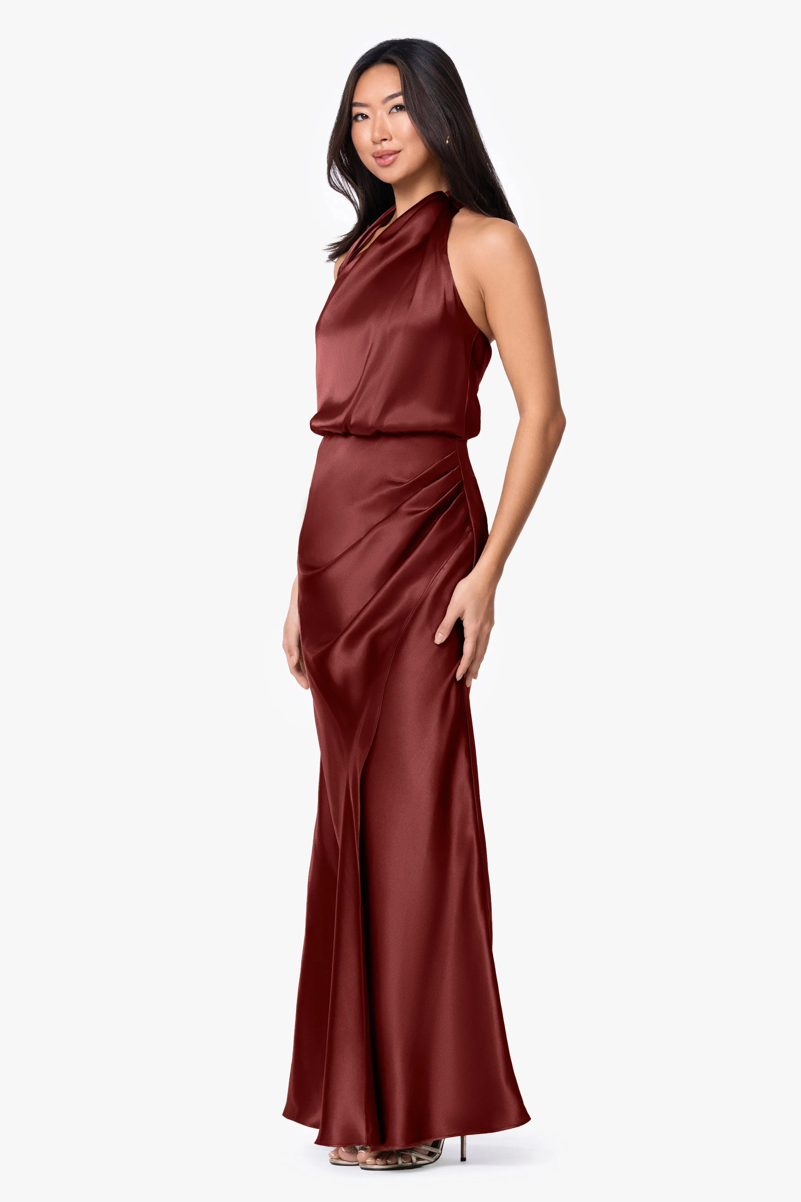 "Lara" Charmeuse Halter Rouche Long Dress sold by Betsy & Adam product image thumbnail 4