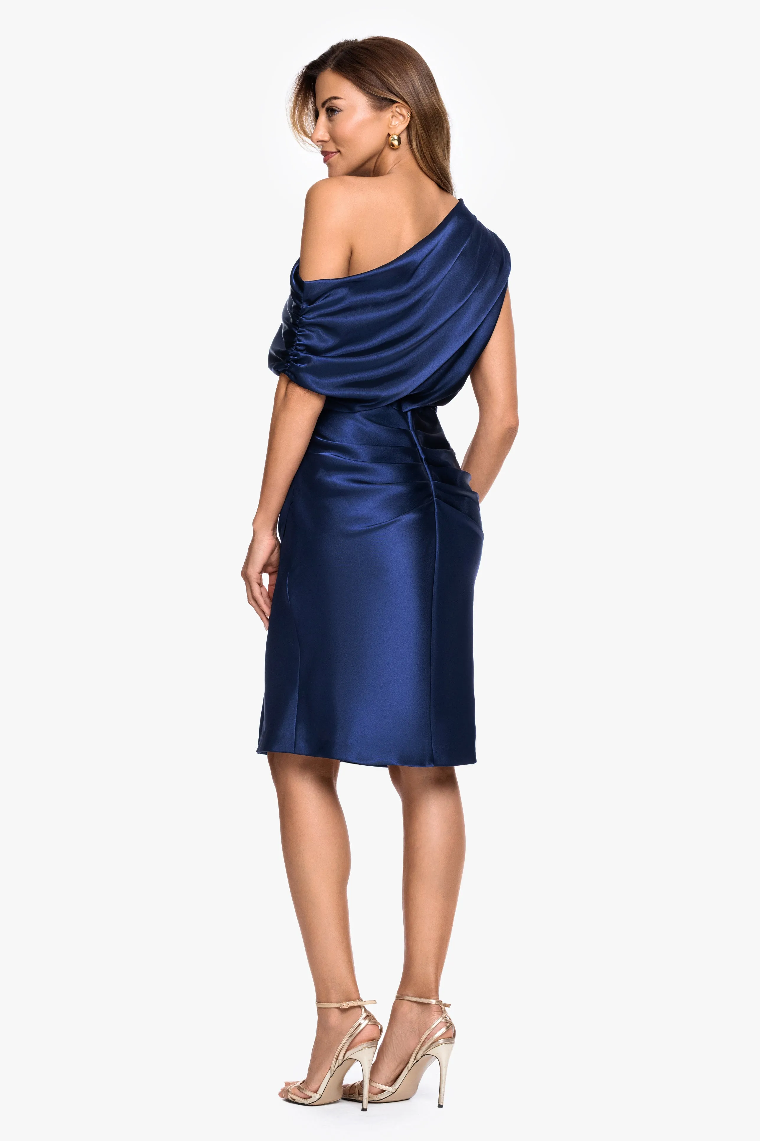 "Macy" Charmeuse Off The Shoulder Rouche Short Dress sold by Betsy & Adam product image thumbnail 3