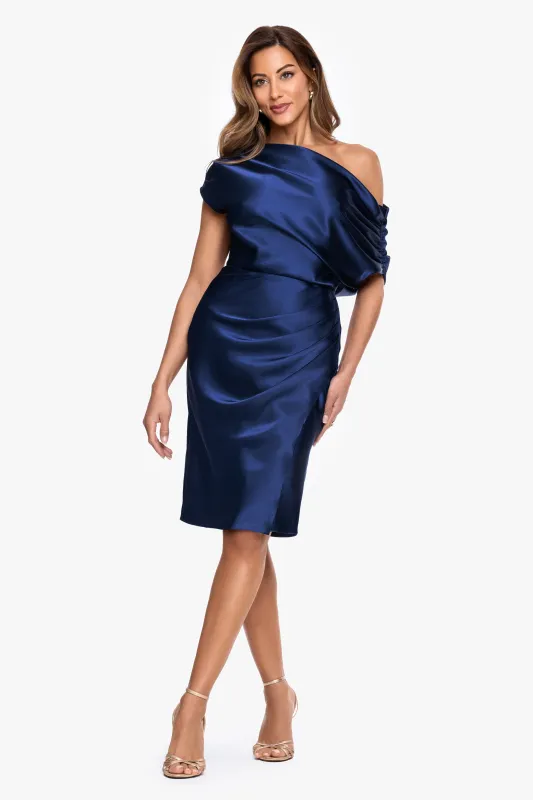 "Macy" Charmeuse Off The Shoulder Rouche Short Dress made by Betsy & Adam