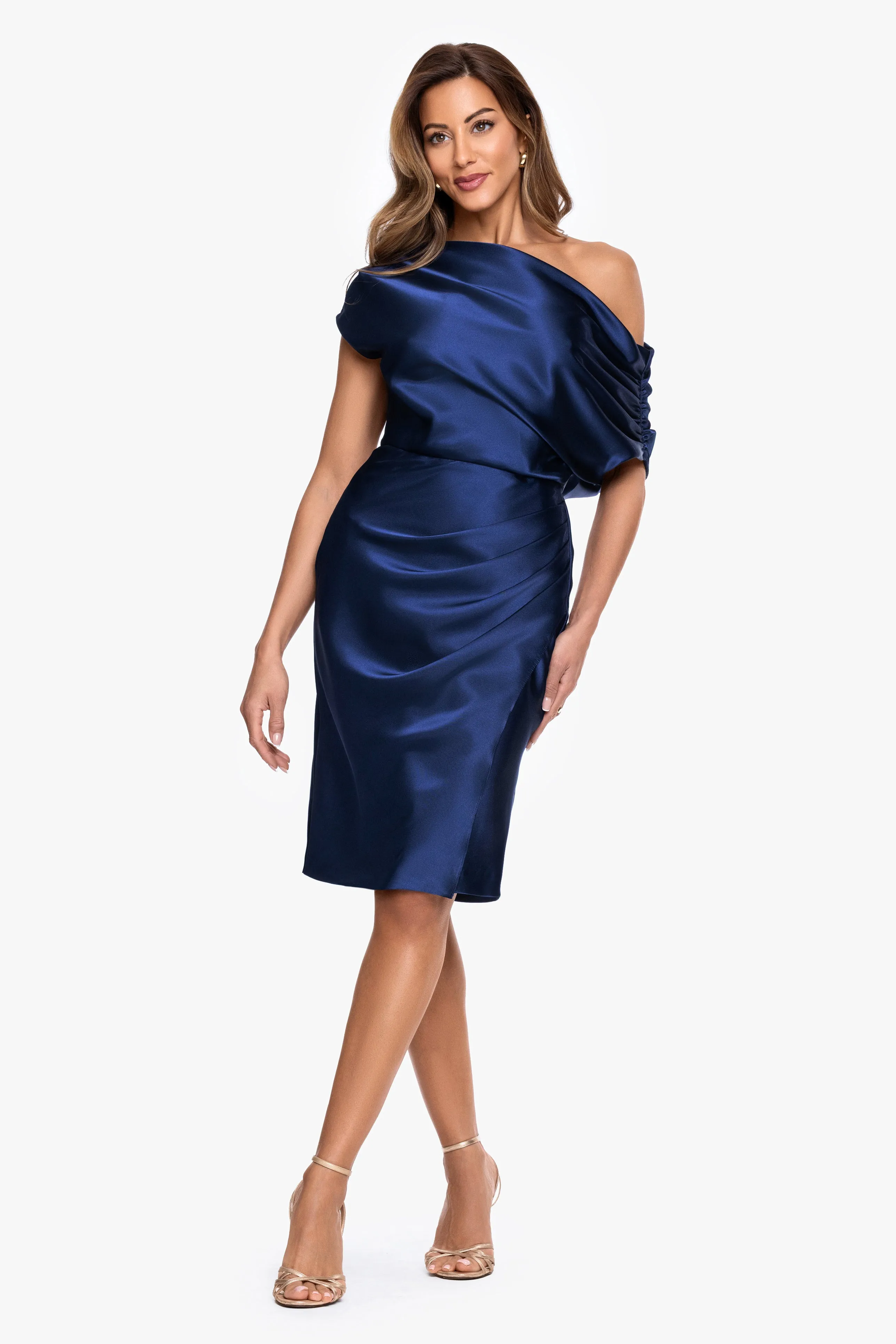 "Macy" Charmeuse Off The Shoulder Rouche Short Dress sold by Betsy & Adam