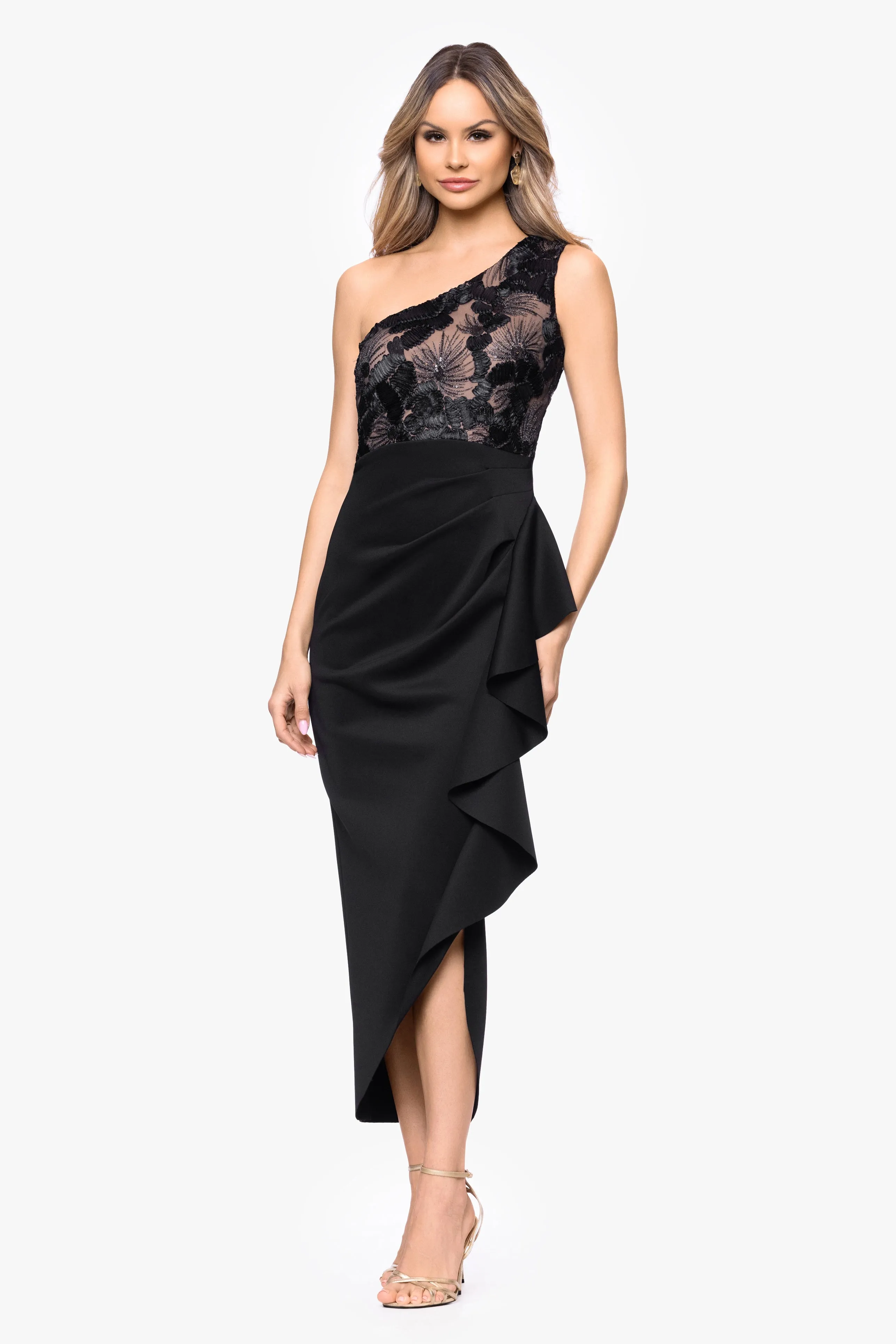 "Dahlia" Soutache Scuba One Shoulder Ruffle Skirt Midi Dress sold by Betsy & Adam product image thumbnail 4