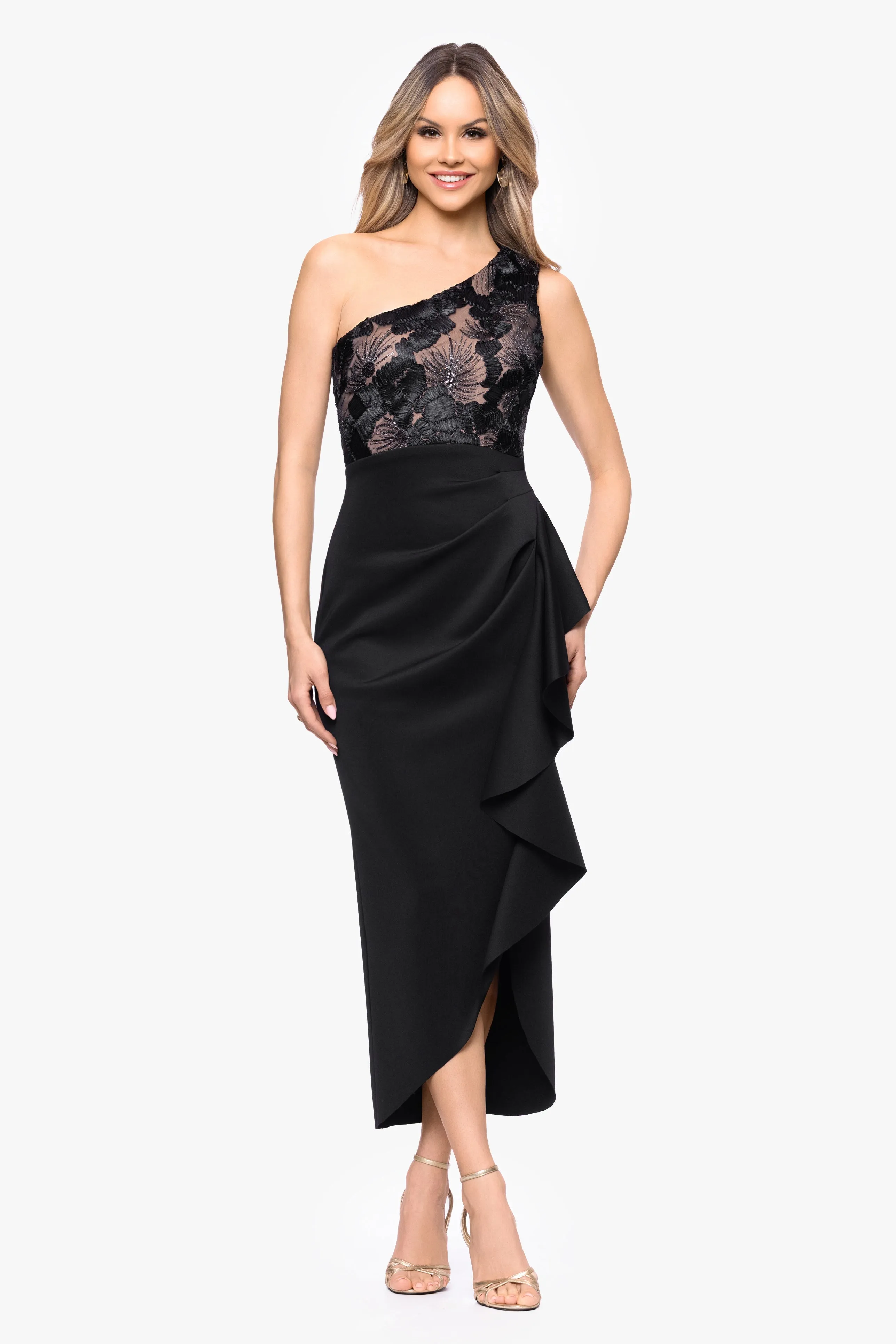 "Dahlia" Soutache Scuba One Shoulder Ruffle Skirt Midi Dress sold by Betsy & Adam