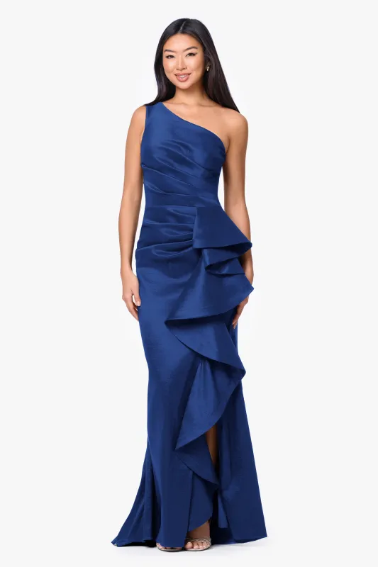 "Evangeline" Taffeta One-Shoulder Long Dress made by Betsy & Adam