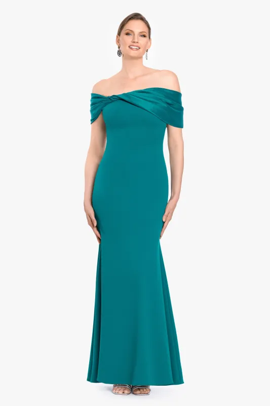 "Michelle" Scuba Crepe Off the Shoulder Taffeta Trim Floor Length Dress made by Betsy & Adam