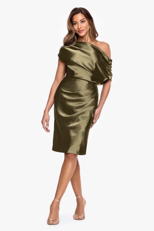 "Macy" Charmeuse Off The Shoulder Rouche Short Dress made by Betsy & Adam