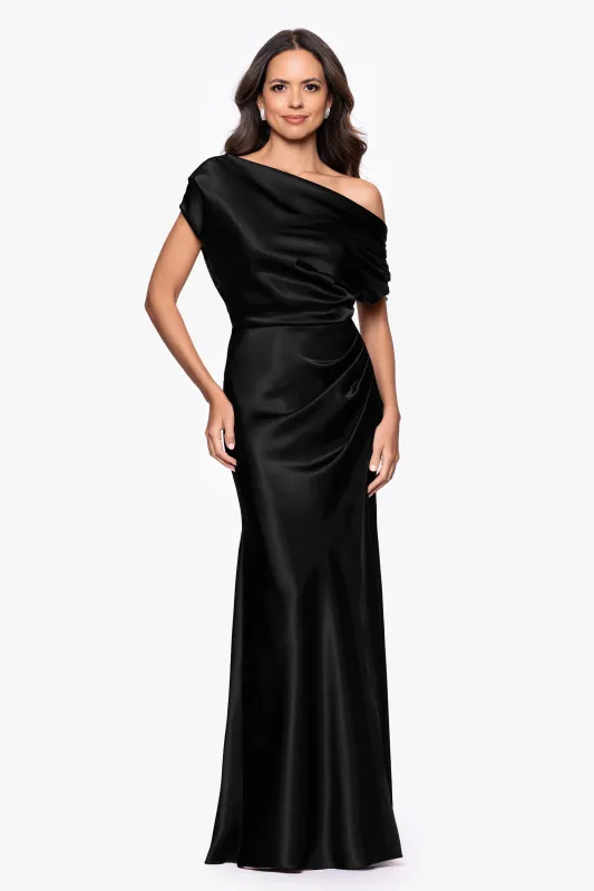 Petite "Sofia" Satin Drop Shoulder Floor Length Dress made by Betsy & Adam