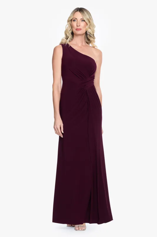 "Alma" Jersey Knit One Shoulder Rouching Long Dress made by Betsy & Adam