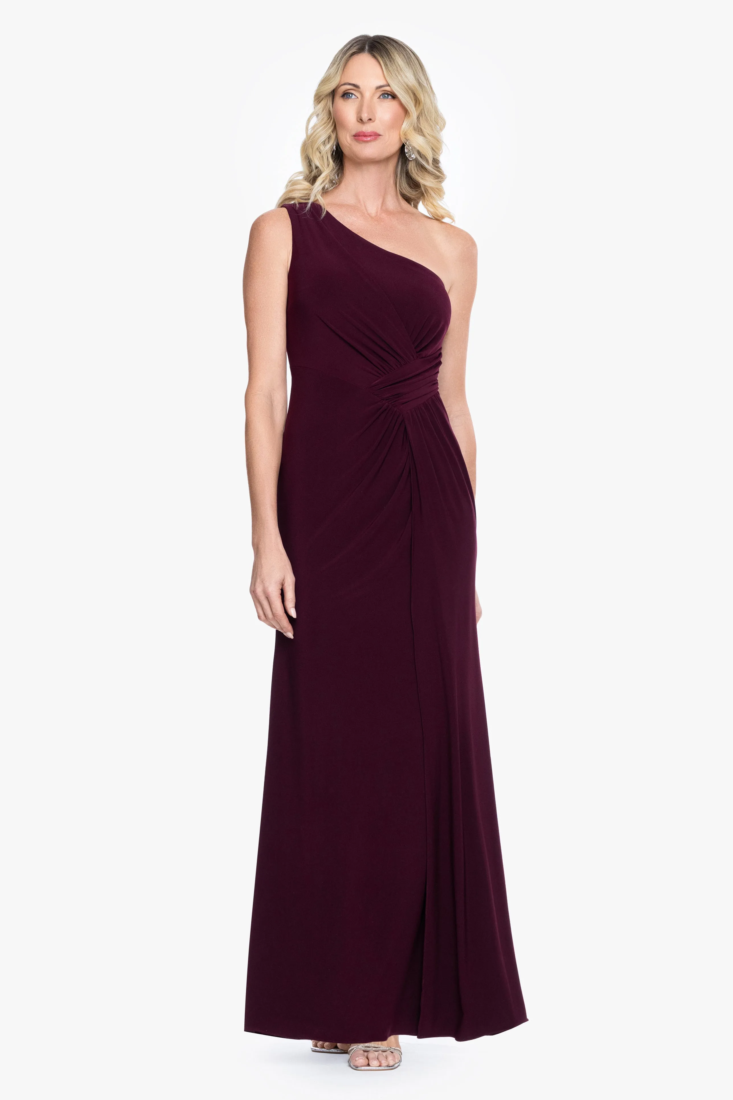"Alma" Jersey Knit One Shoulder Rouching Long Dress sold by Betsy & Adam