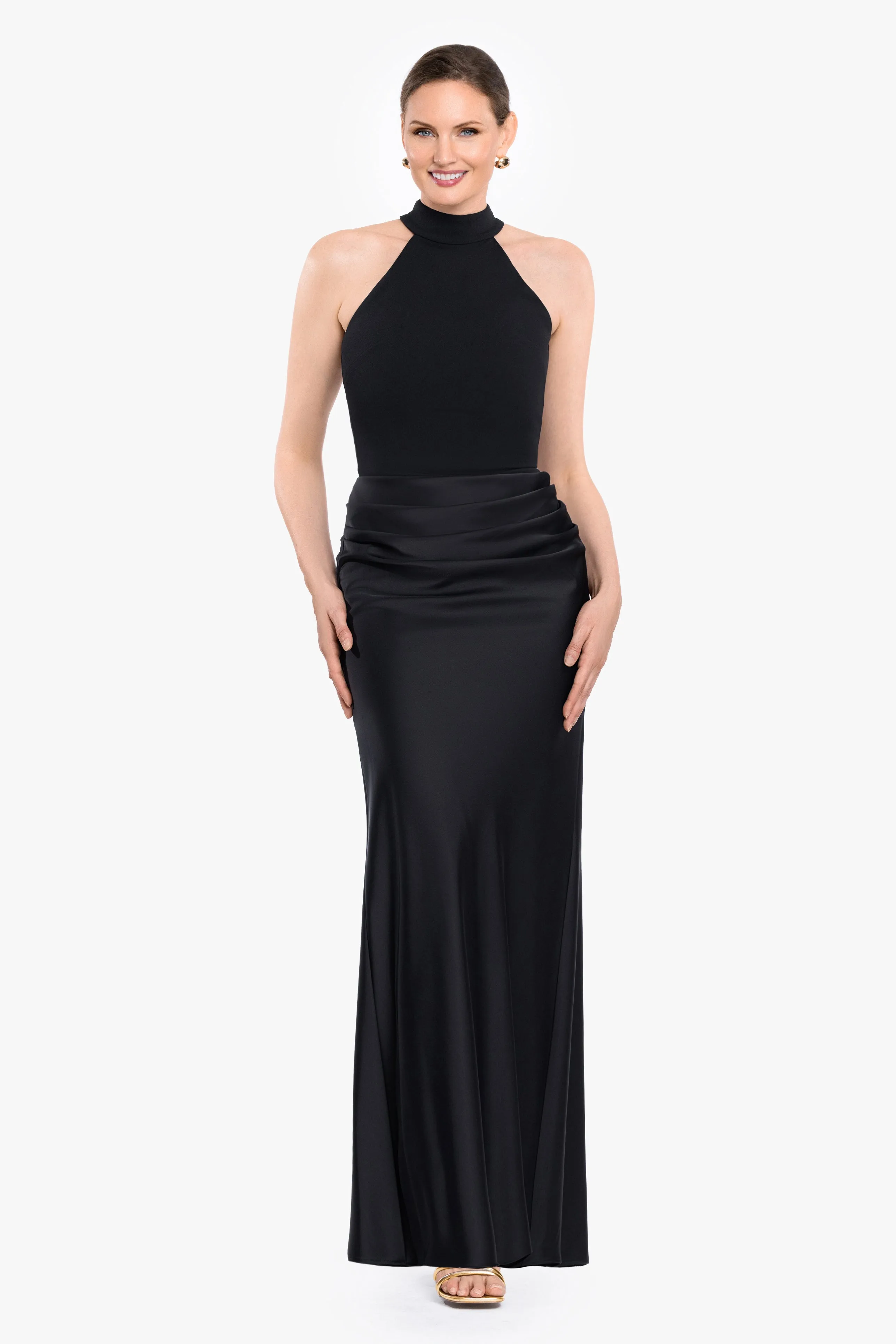 "Jamie" Double Satin Mock Neck Long Dress sold by Betsy & Adam