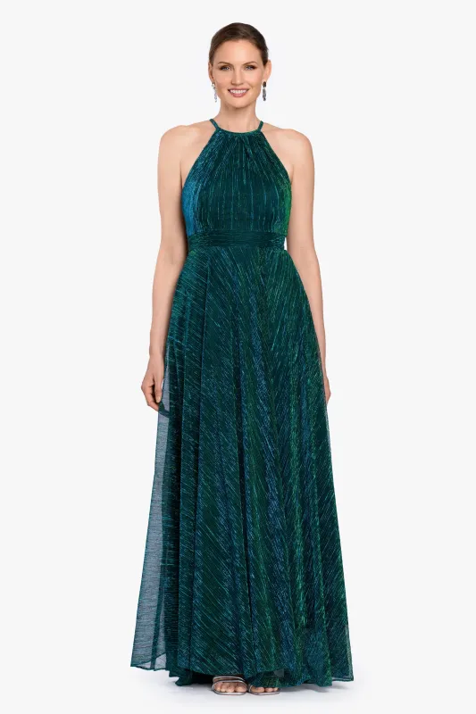 "Ophelia" Metallic Knit Pleated Long Dress made by Betsy & Adam