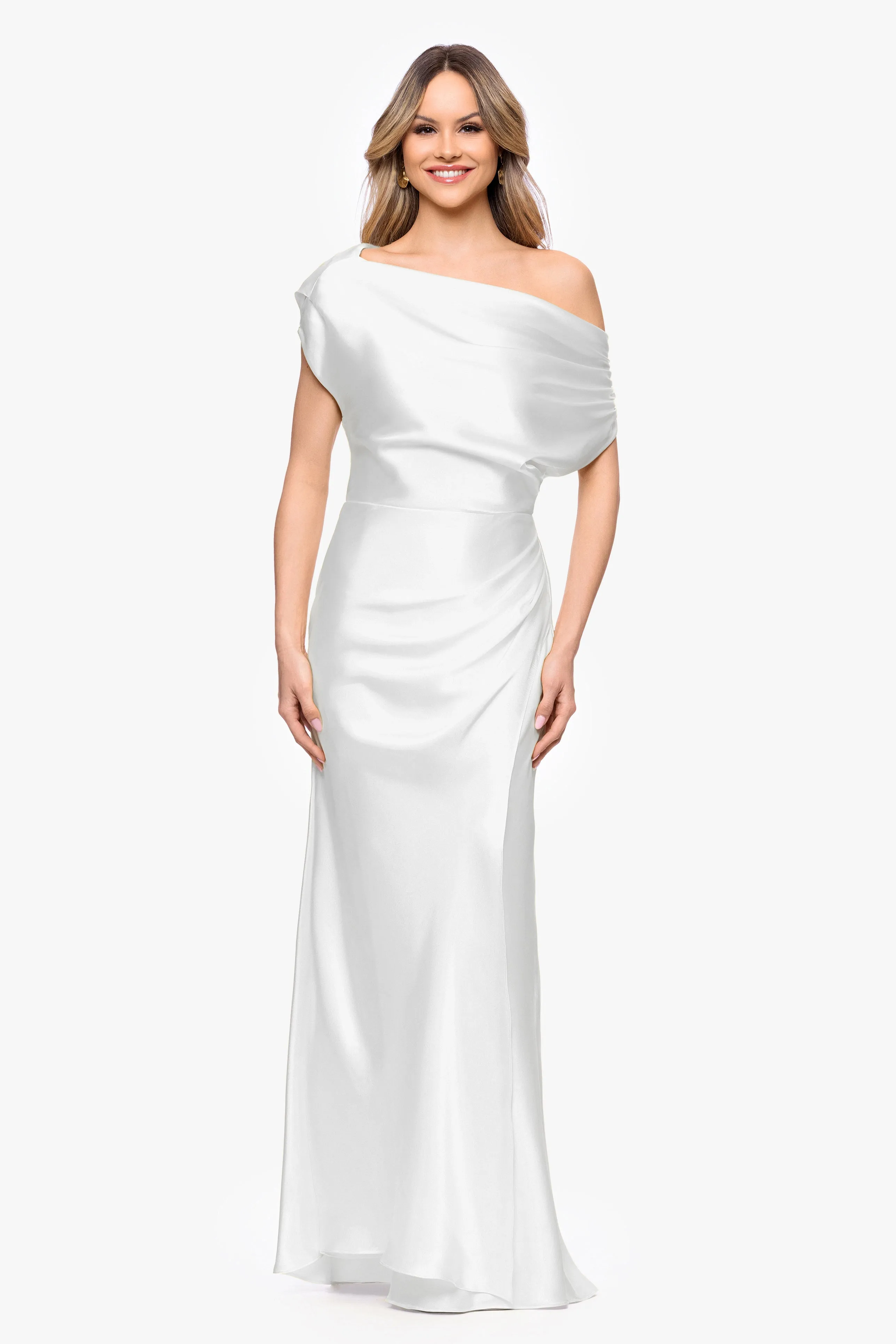 "Sofia" Satin Drop Shoulder Floor Length Dress sold by Betsy & Adam
