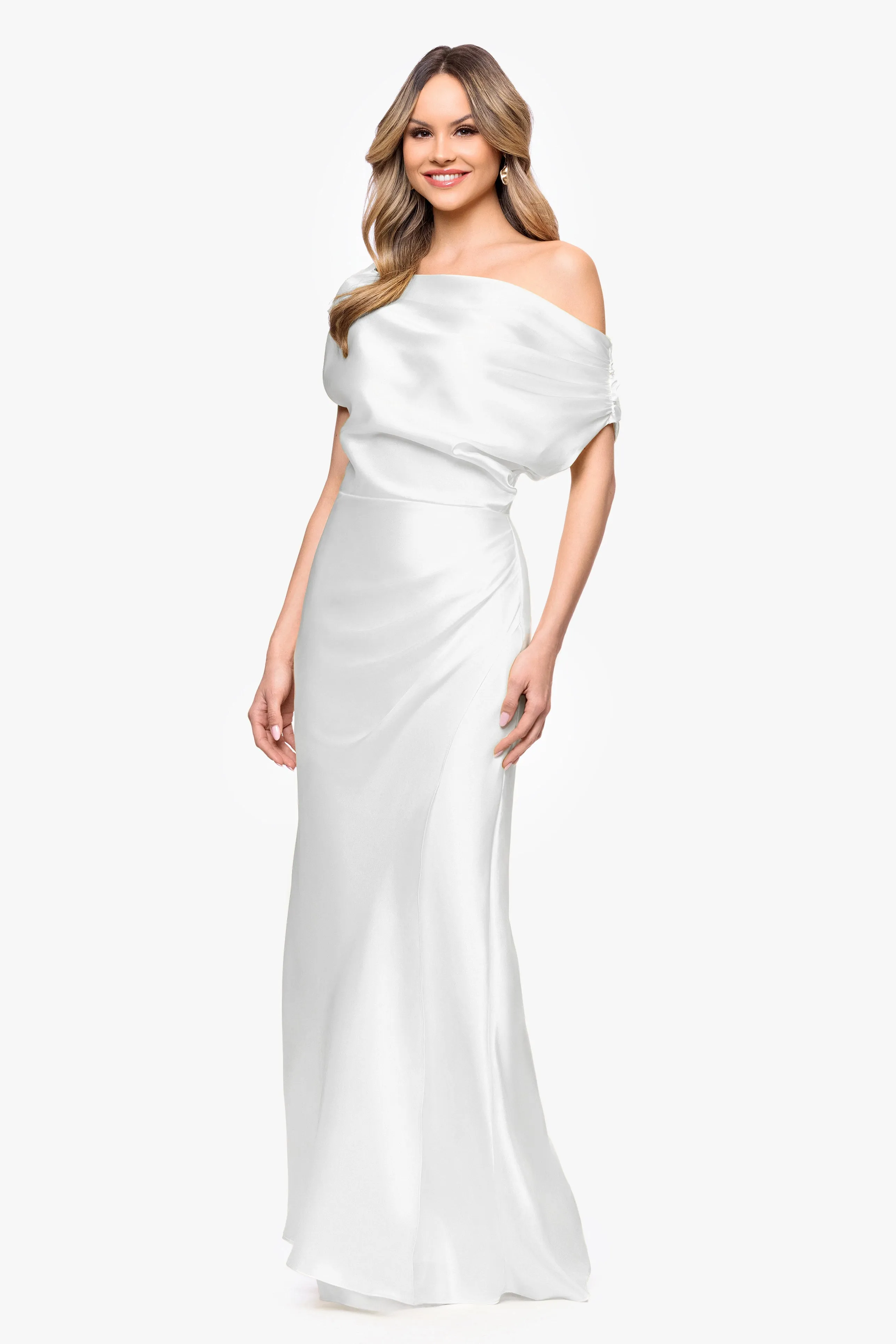 "Sofia" Satin Drop Shoulder Floor Length Dress sold by Betsy & Adam product image thumbnail 4