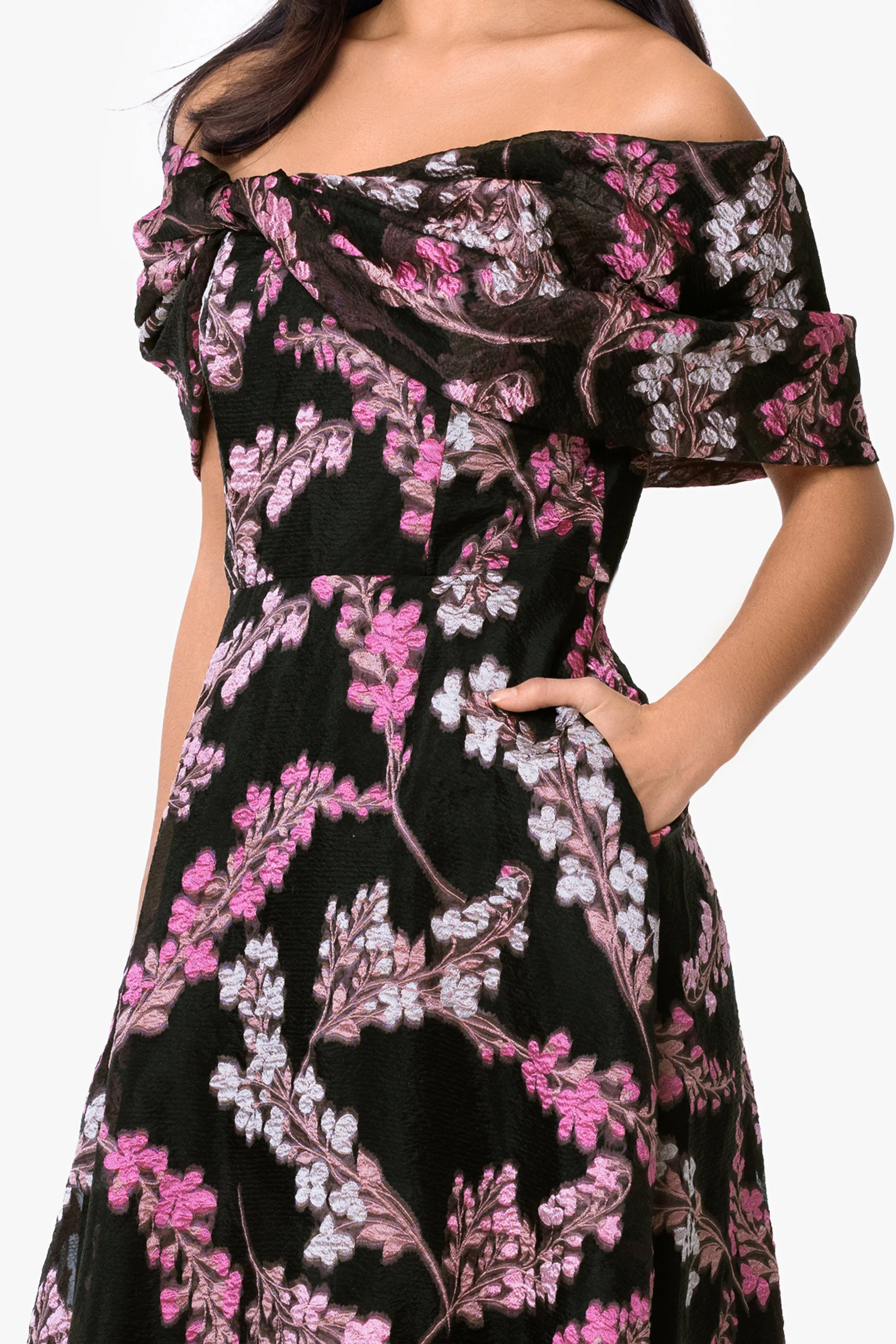 "Amirah" Organza Brocade Off The Shoulder Twist Neck Long Dress sold by Betsy & Adam product image thumbnail 2