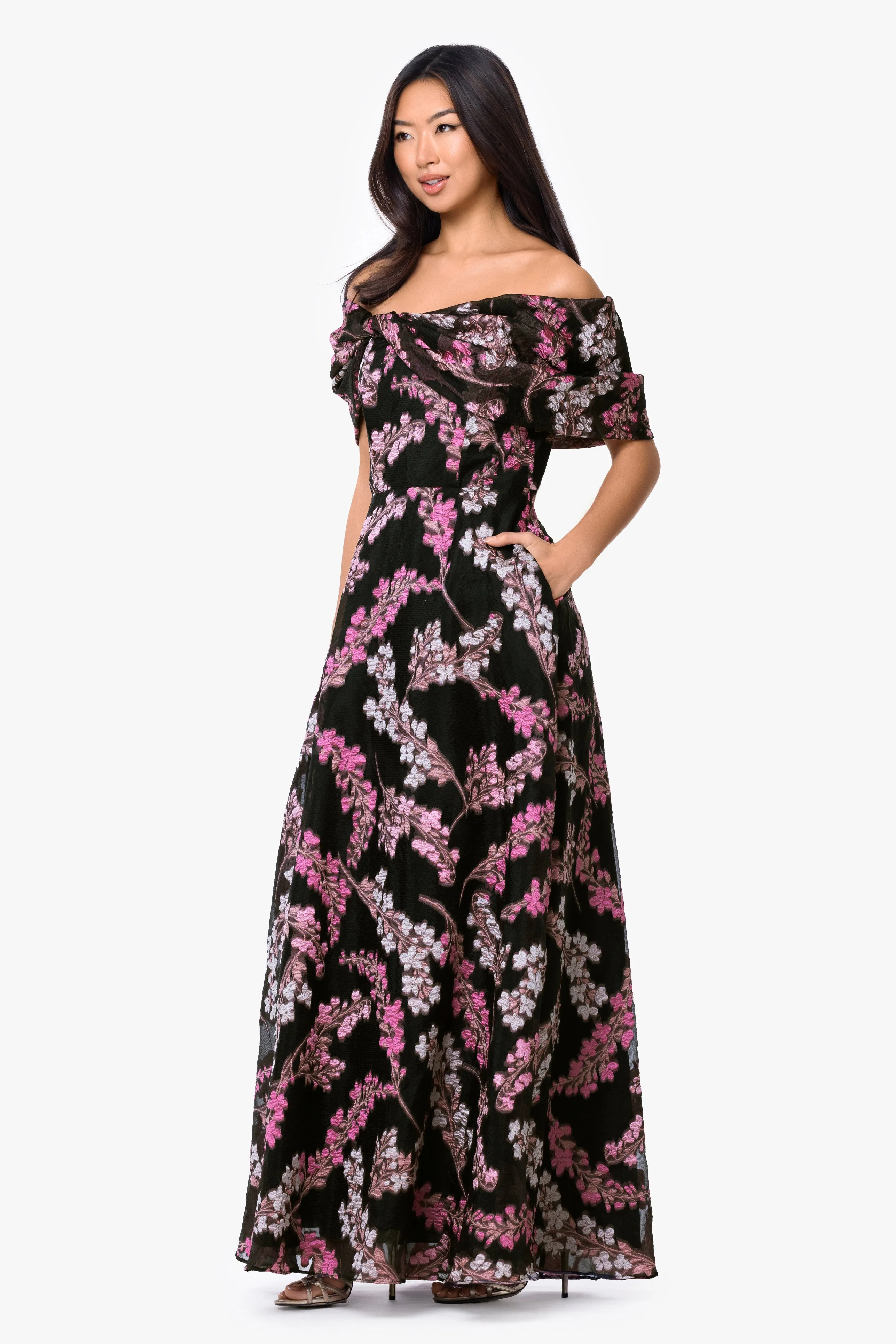 "Amirah" Organza Brocade Off The Shoulder Twist Neck Long Dress sold by Betsy & Adam product image thumbnail 4