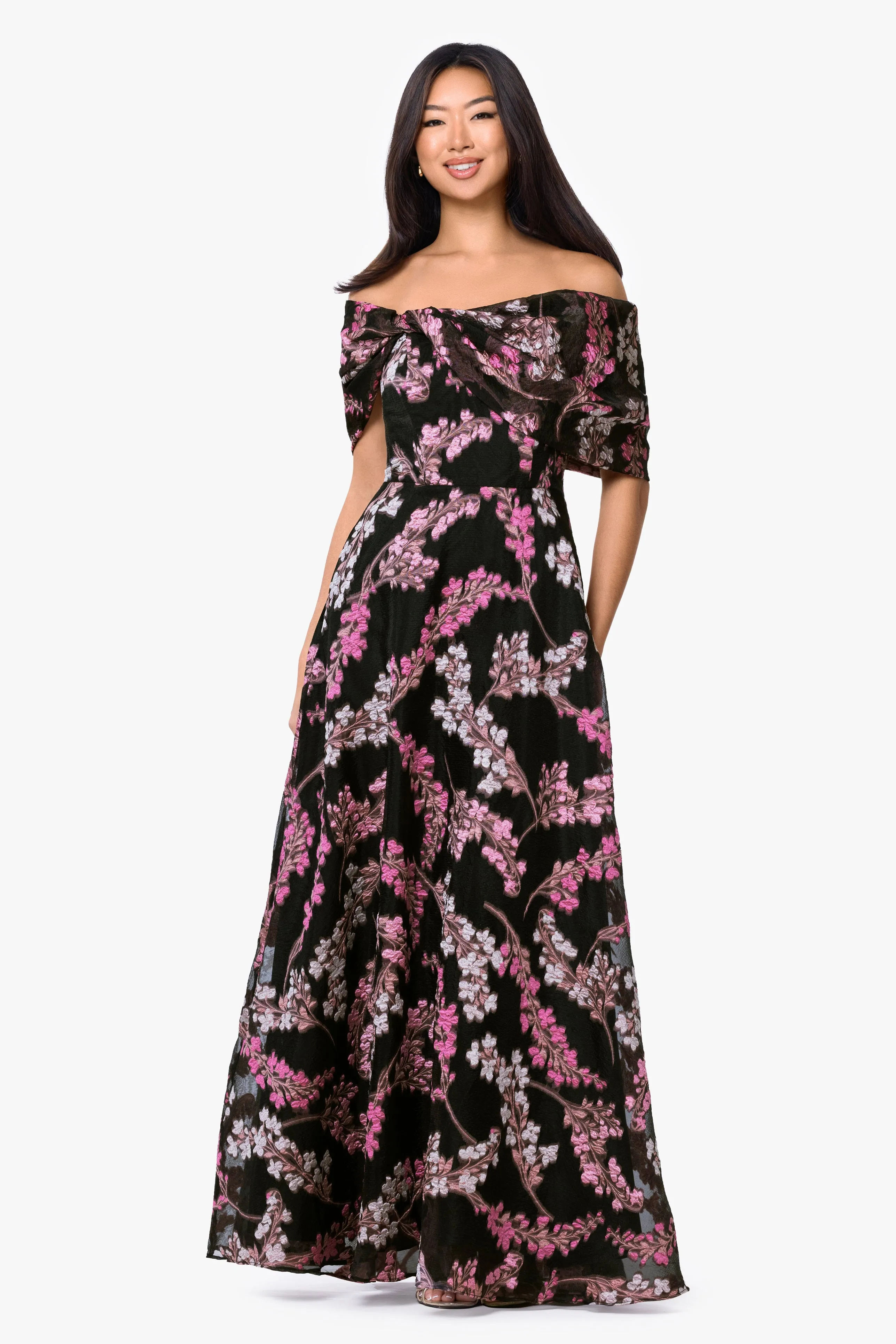 "Amirah" Organza Brocade Off The Shoulder Twist Neck Long Dress sold by Betsy & Adam