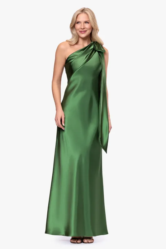 "Dove" Satin One-Shoulder Bow Long Dress made by Betsy & Adam
