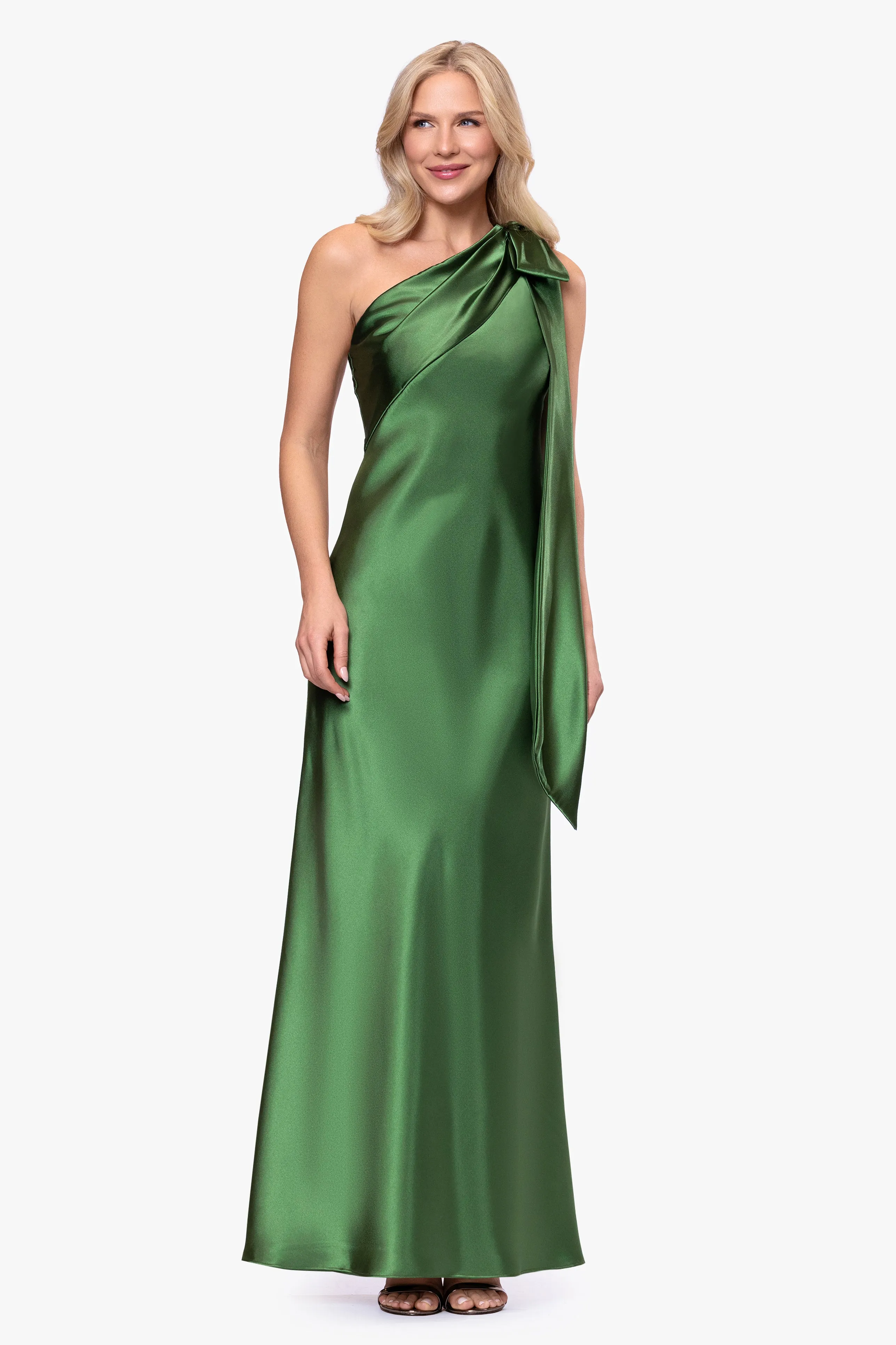 "Dove" Satin One-Shoulder Bow Long Dress sold by Betsy & Adam