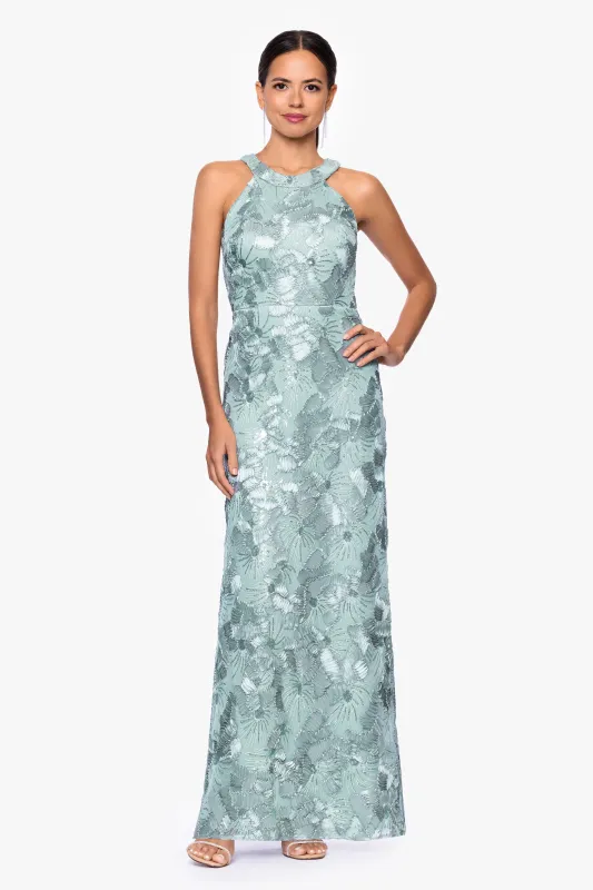 "Fabiana" Halter Neck Soutache and Sequin Floor Length Dress made by Betsy & Adam