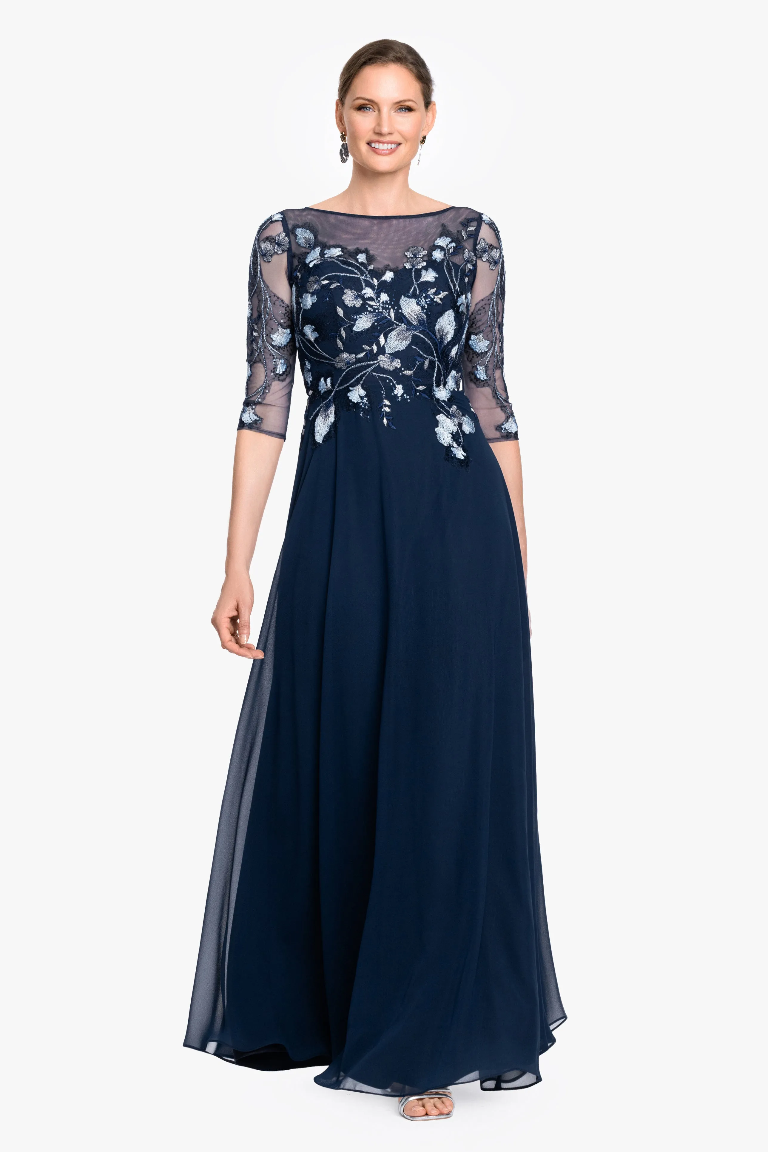 Petite "Isabella" Embroidered Chiffon Long Sleeve Long Dress sold by Betsy & Adam