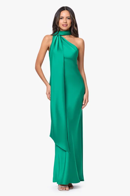 "Fallon" Satin Asymmetrical Necktie Sash Long Dress made by Betsy & Adam