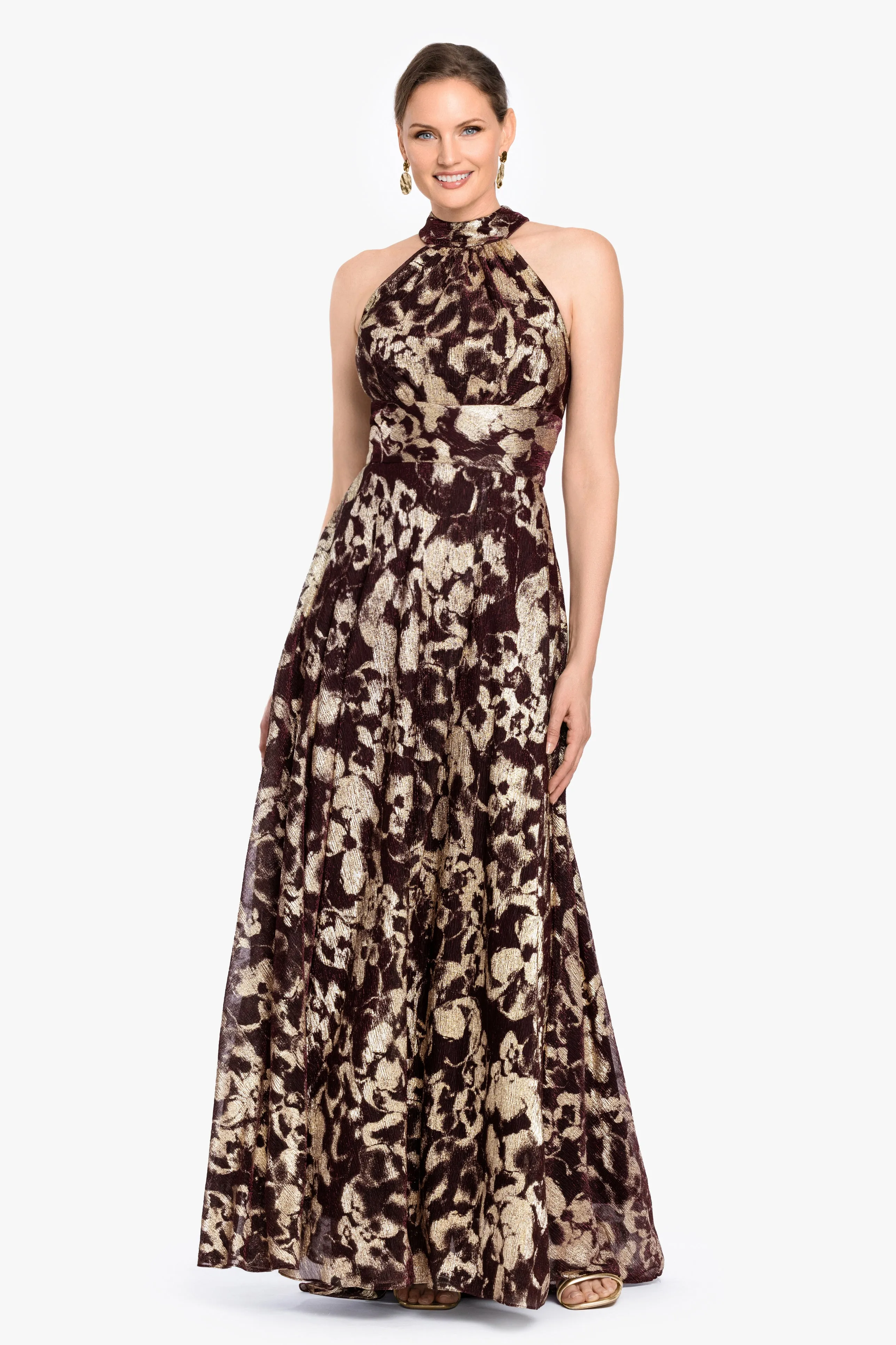 "Alara" Metallic Halter Neck Long Dress sold by Betsy & Adam