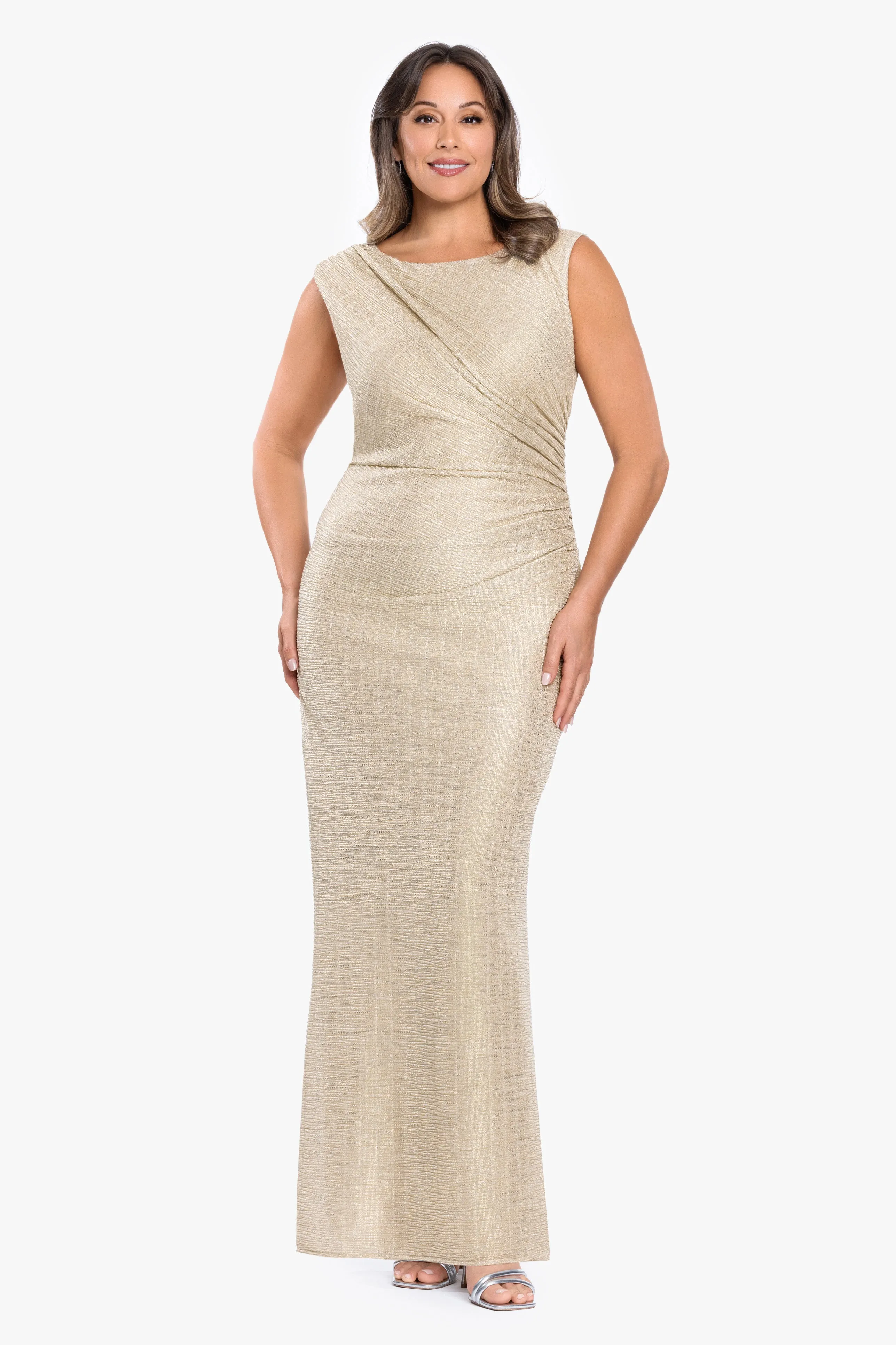 Plus "Katrina" Metallic Crinkle Rouched Slit Long Dress sold by Betsy & Adam