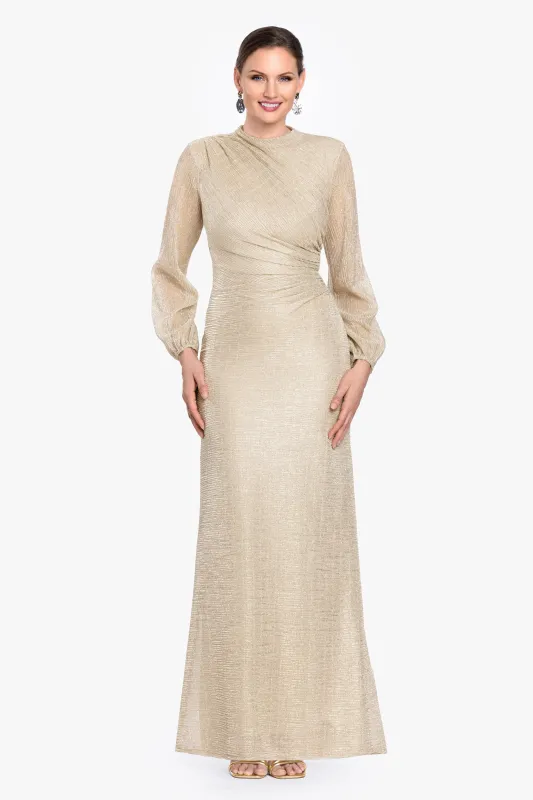 Petite "Jayline" Crinkle Metallic Long Sleeve Floor Length Dress made by Betsy & Adam