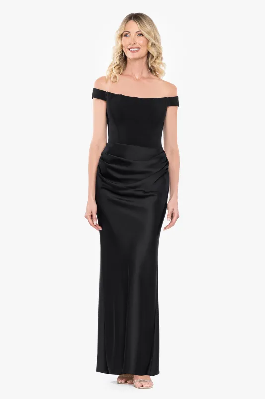 "Callie" Scuba Crepe Satin Combo Rouching Long Dress made by Betsy & Adam
