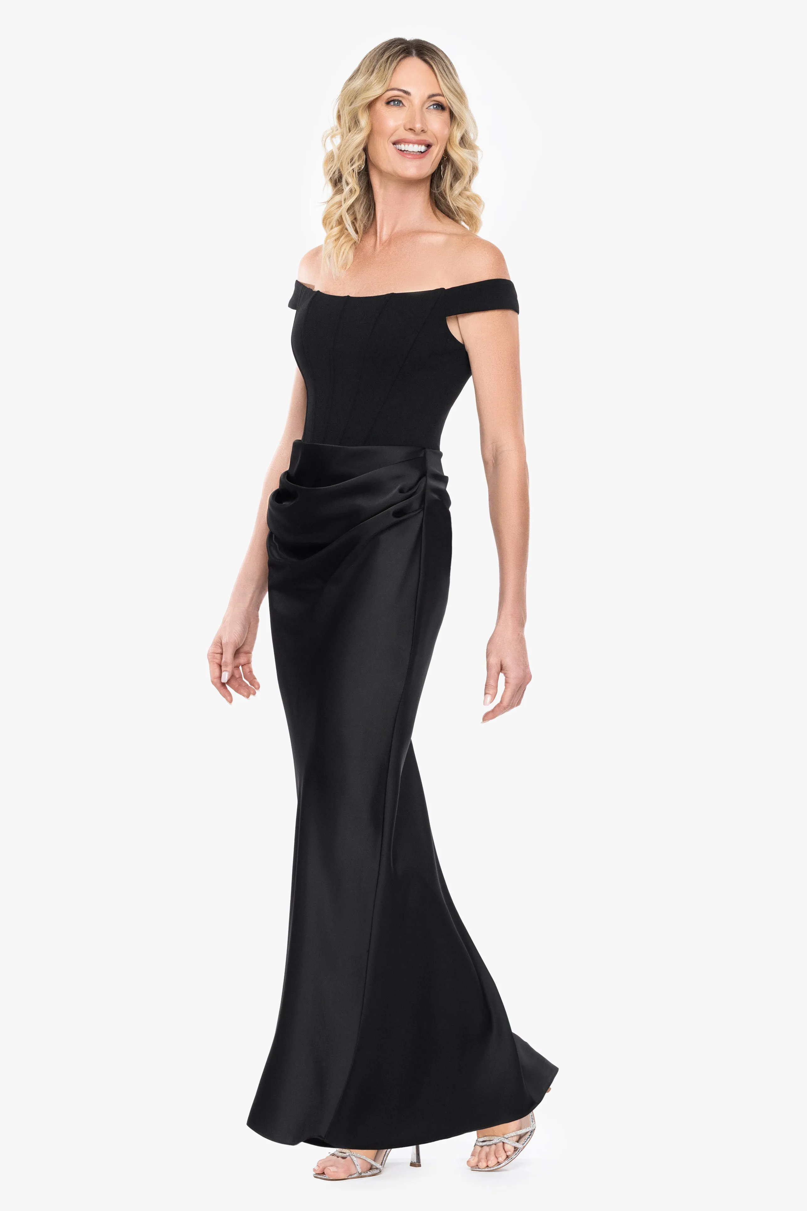 "Callie" Scuba Crepe Satin Combo Rouching Long Dress sold by Betsy & Adam product image thumbnail 4