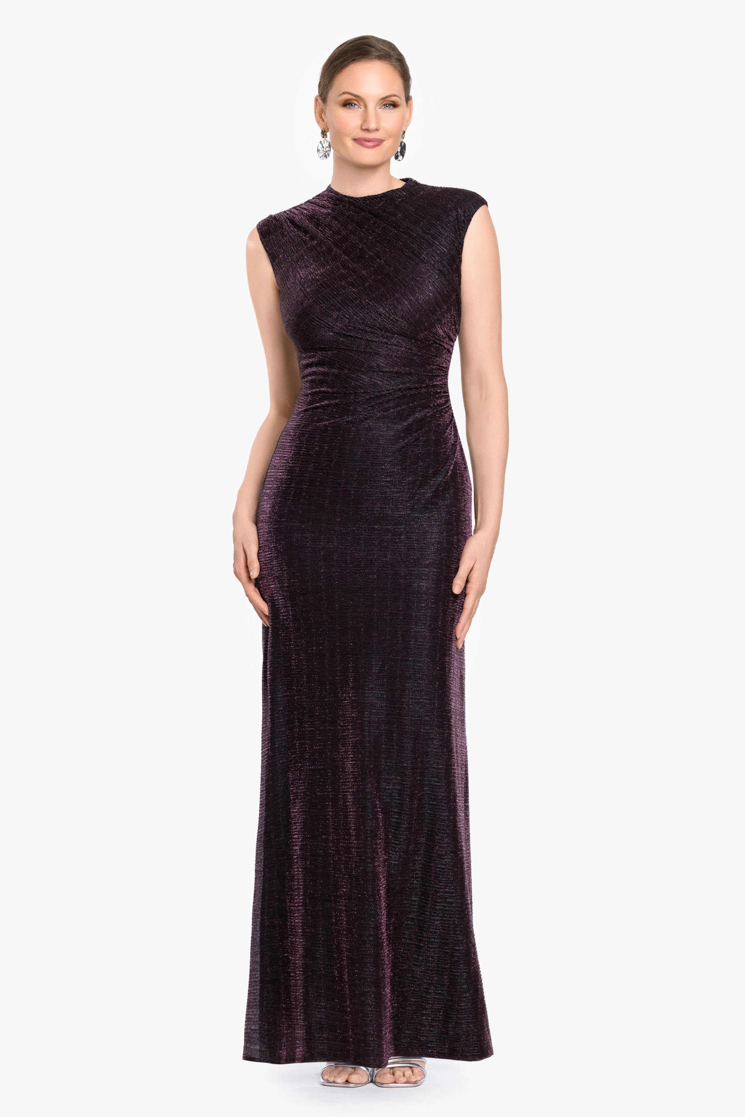 "Bethany" Crinkle Metallic Rouched Floor Length Dress sold by Betsy & Adam