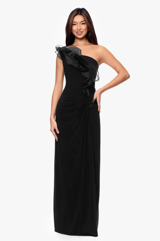 "Jade" Jersey Knit One Shoulder Organza Ruffle Long Dress made by Betsy & Adam