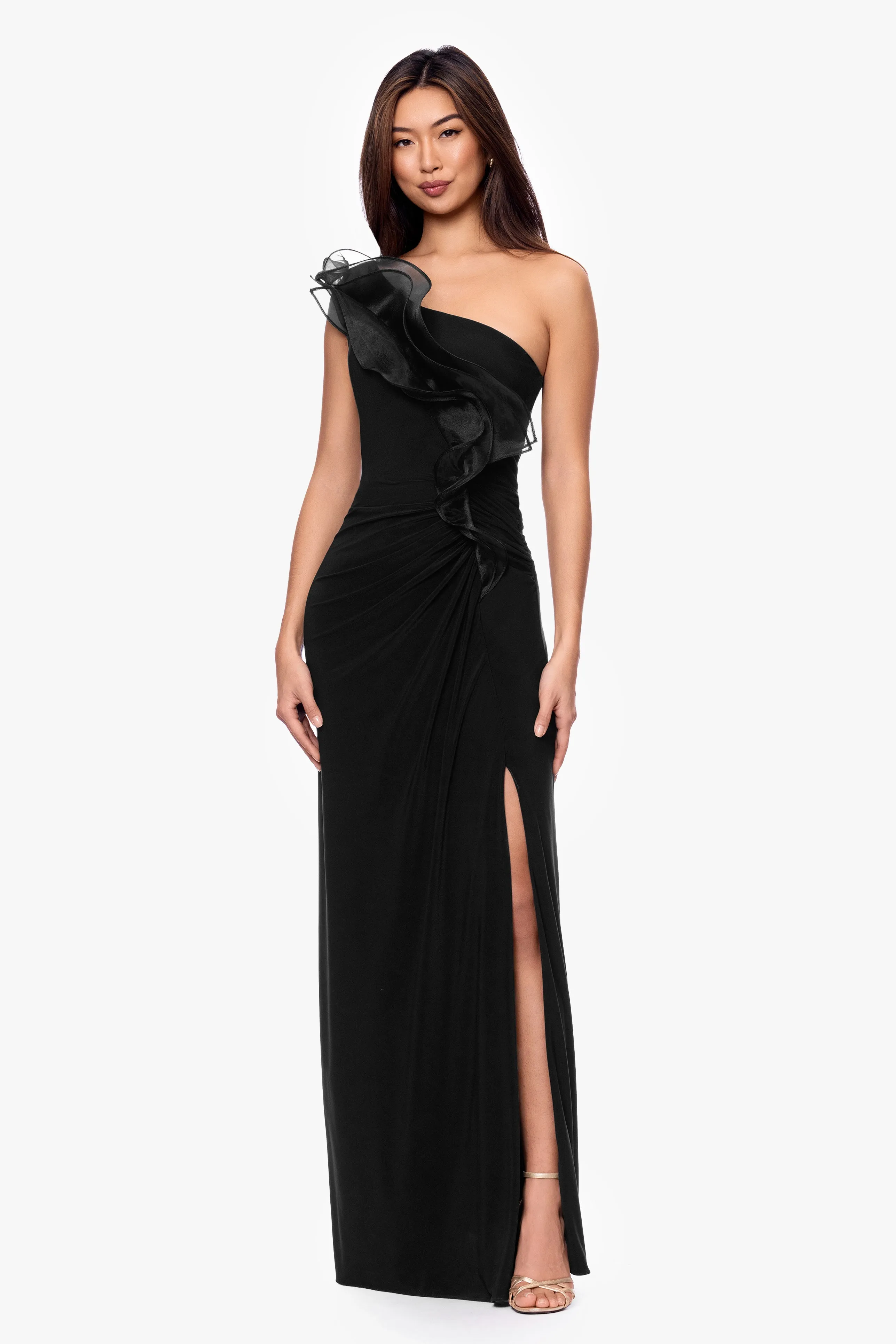 "Jade" Jersey Knit One Shoulder Organza Ruffle Long Dress sold by Betsy & Adam product image thumbnail 5