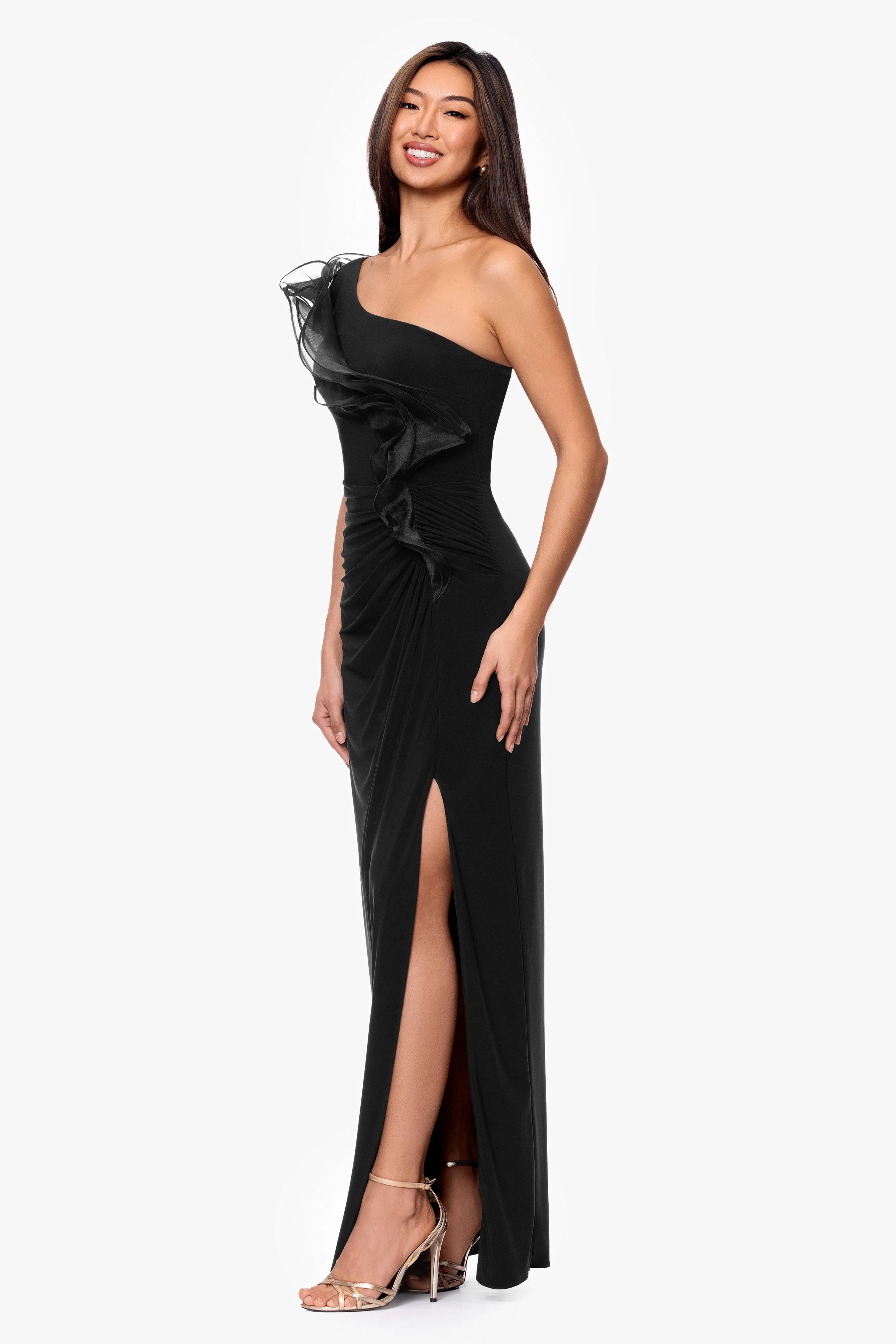 "Jade" Jersey Knit One Shoulder Organza Ruffle Long Dress sold by Betsy & Adam product image thumbnail 4