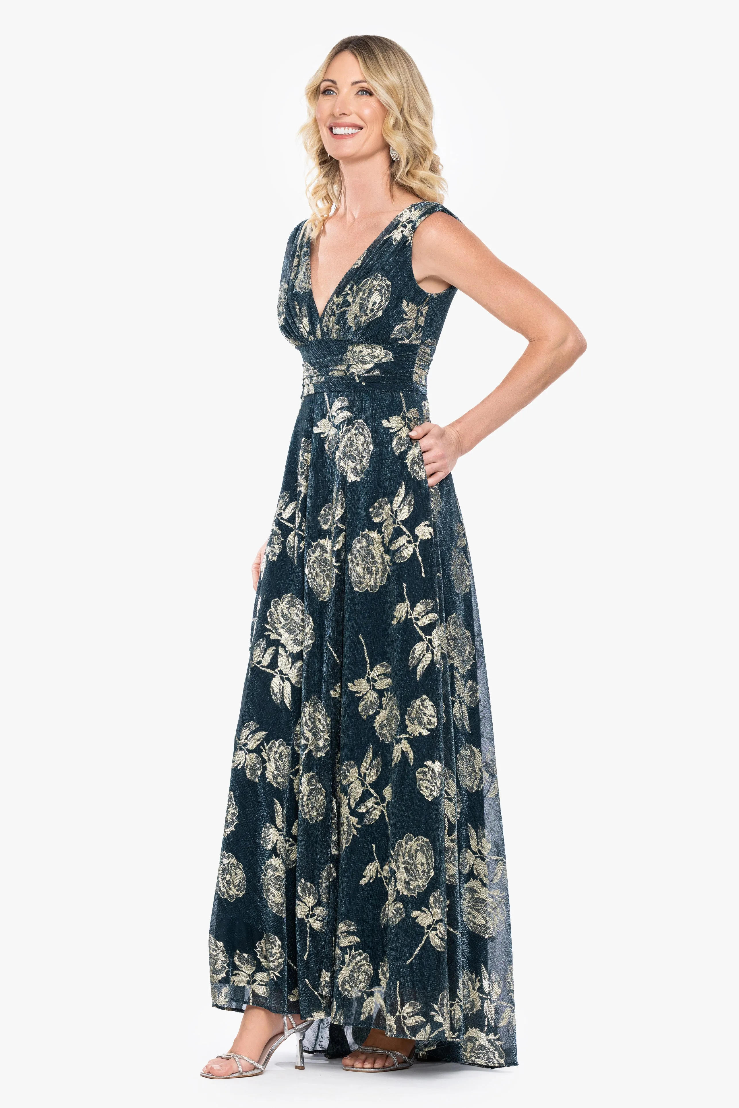 "Cordelia" Metallic Crinkle Print V-Neck Long Dress sold by Betsy & Adam product image thumbnail 4