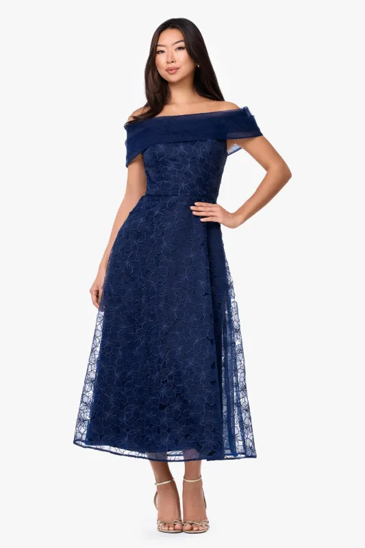 "Tiana" Embellished Gauze Off The Shoulder Midi Gown made by Betsy & Adam