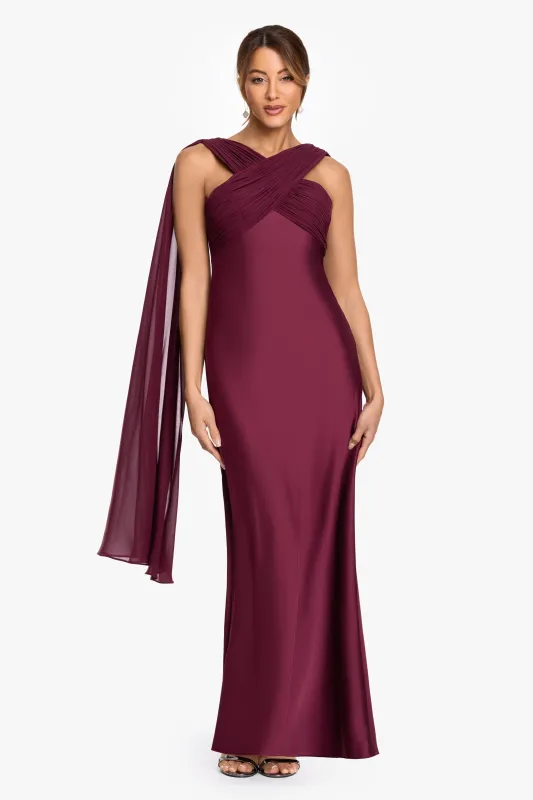 Petite "Amelia" Satin & Chiffon Scarf Halter Long Dress made by Betsy & Adam