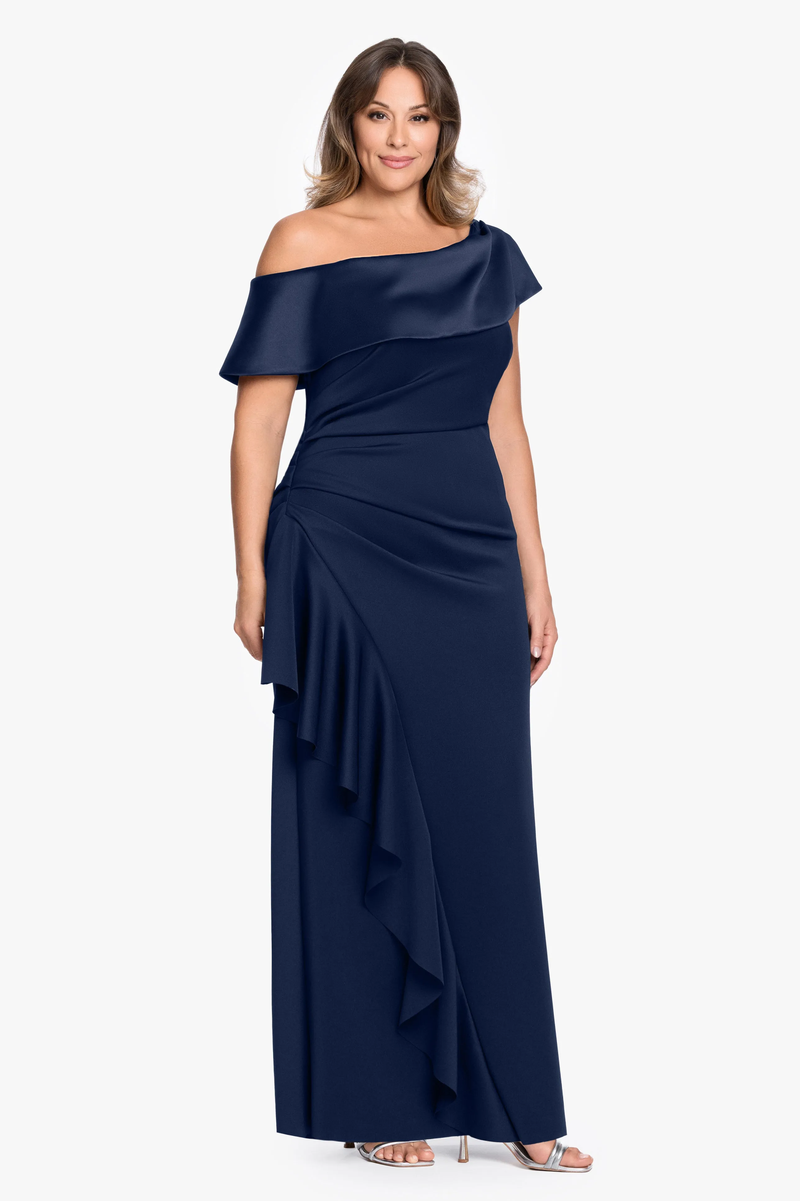 Plus "Mariah" Techno Scuba Off The Shoulder Asymmetrical Neck Long Dress sold by Betsy & Adam product image thumbnail 4