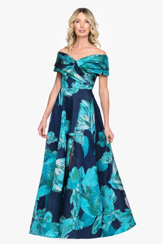 "Liza" Organza Brocade Off The Shoulder Gown made by Betsy & Adam