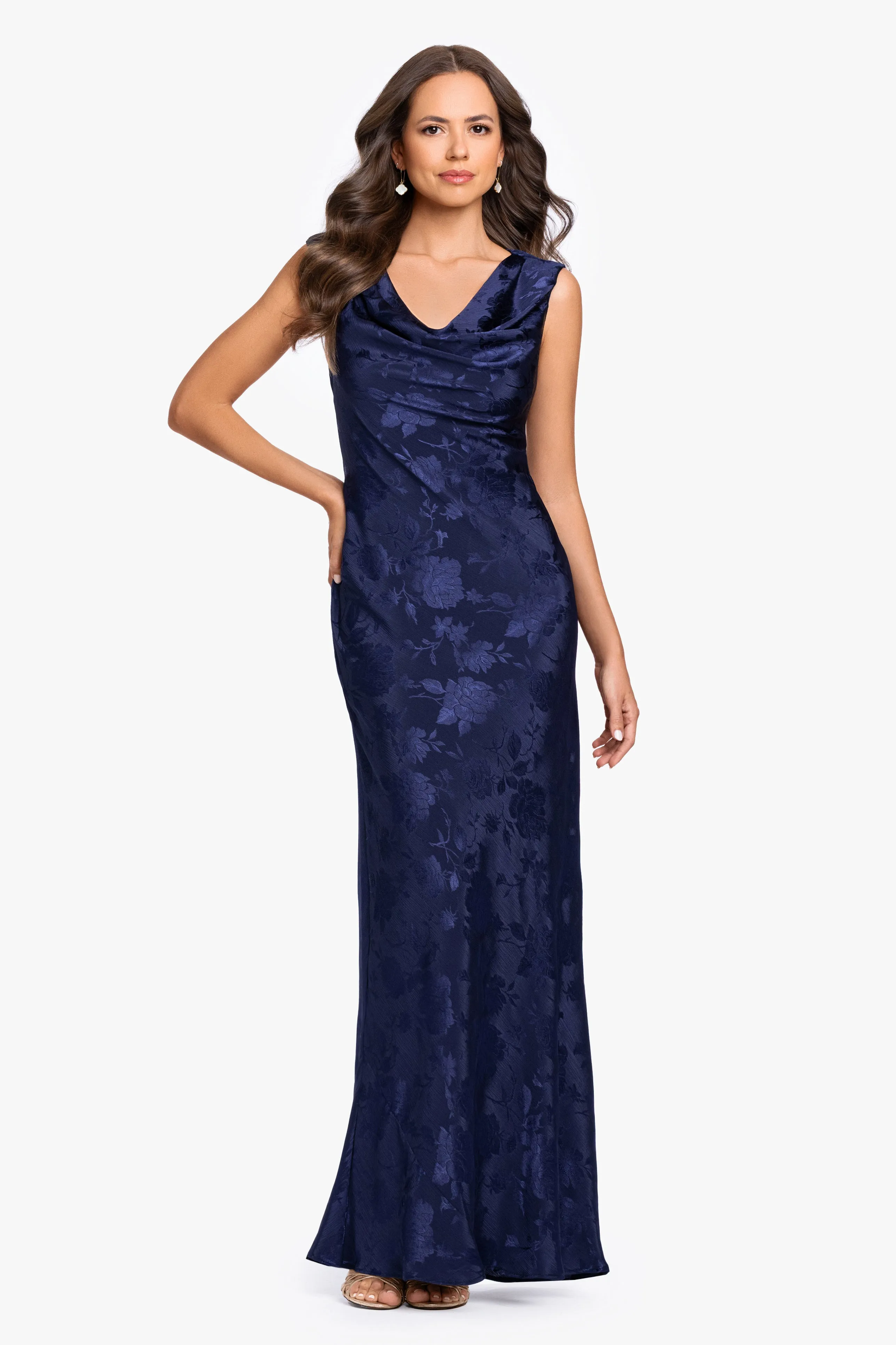 "Kayley" Jacquard Cowl Neck Floor Length Dress sold by Betsy & Adam