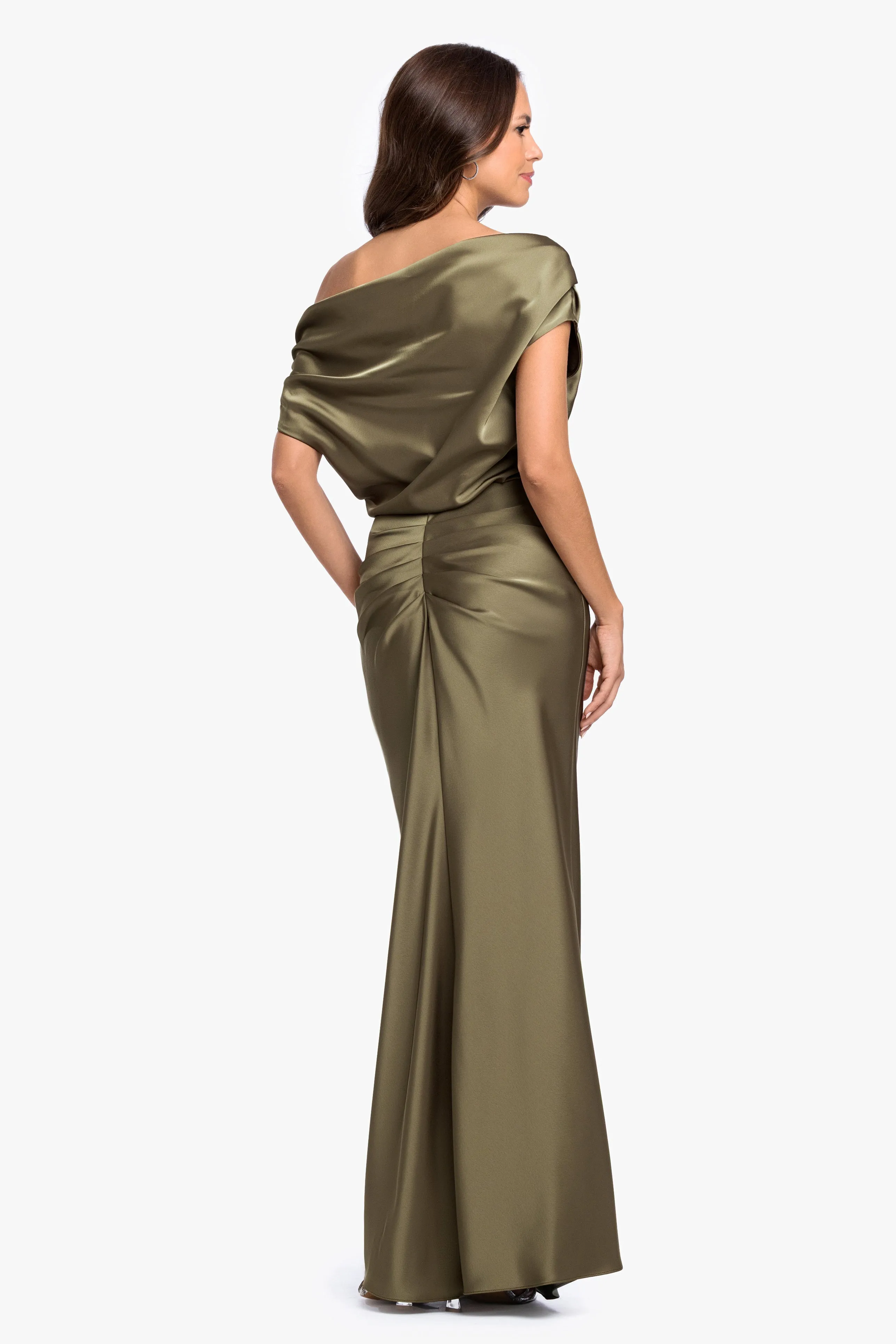 "Hailey" Double Satin Off The Shoulder Rouch Long Dress sold by Betsy & Adam product image thumbnail 3
