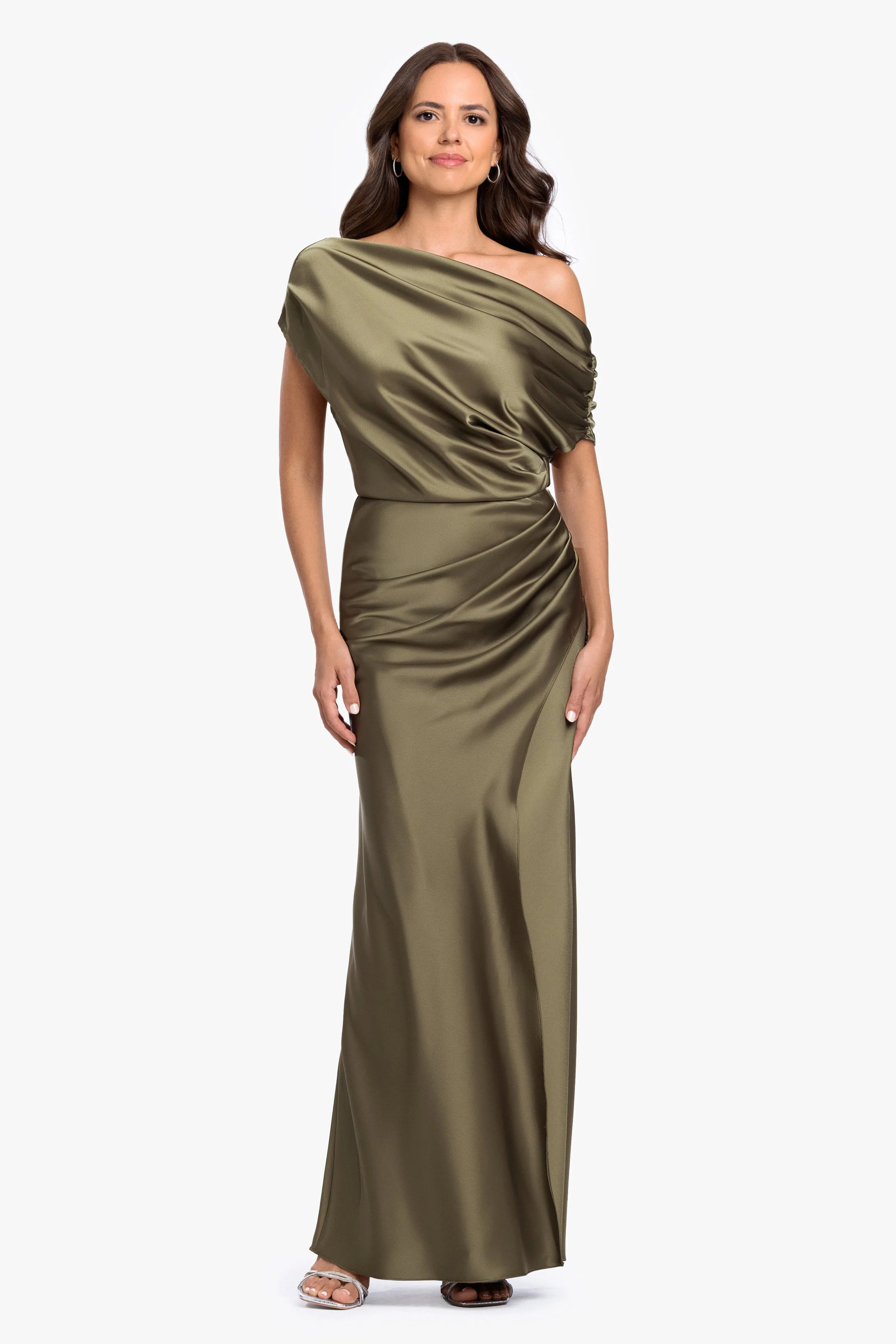"Hailey" Double Satin Off The Shoulder Rouch Long Dress sold by Betsy & Adam