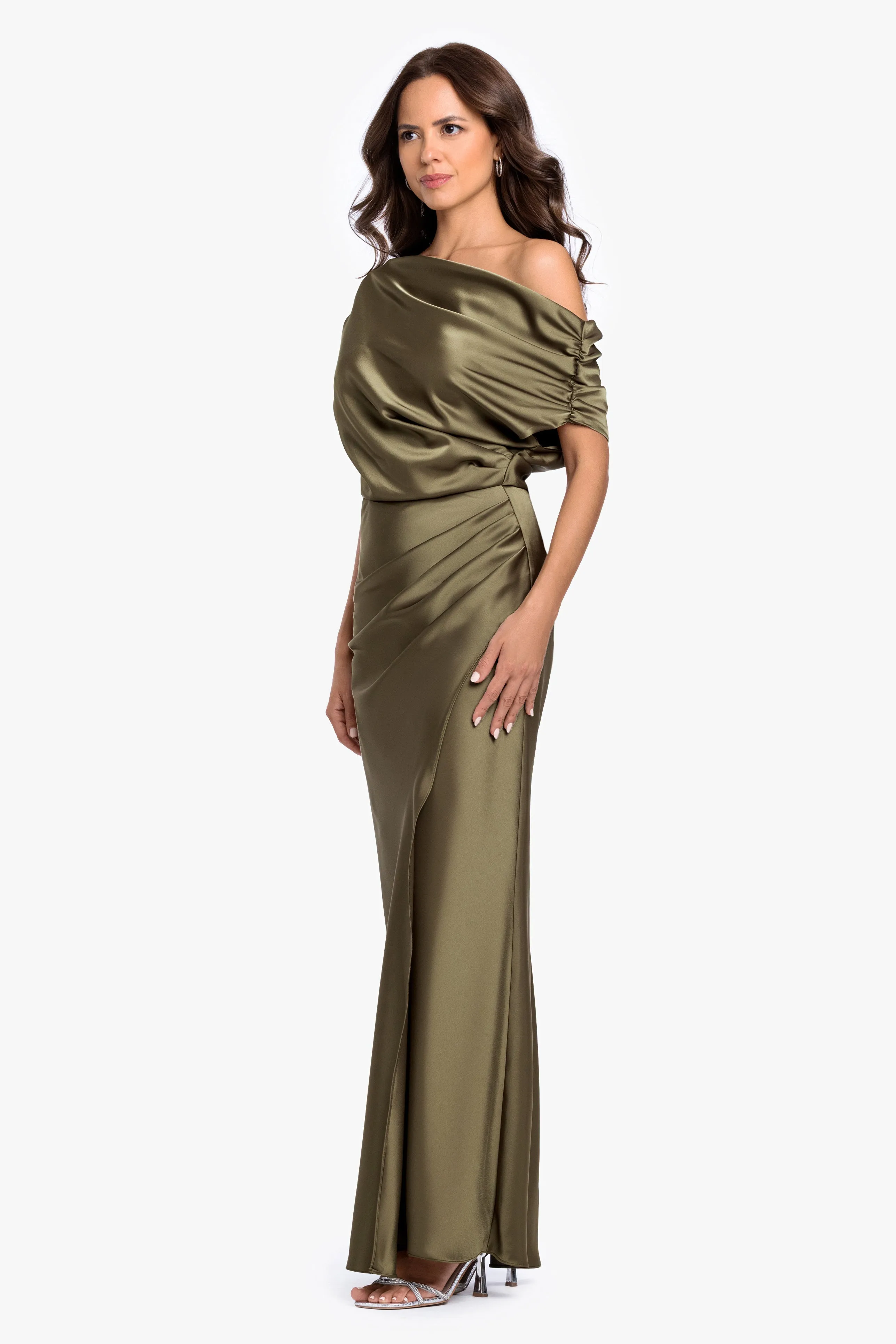 "Hailey" Double Satin Off The Shoulder Rouch Long Dress sold by Betsy & Adam product image thumbnail 4