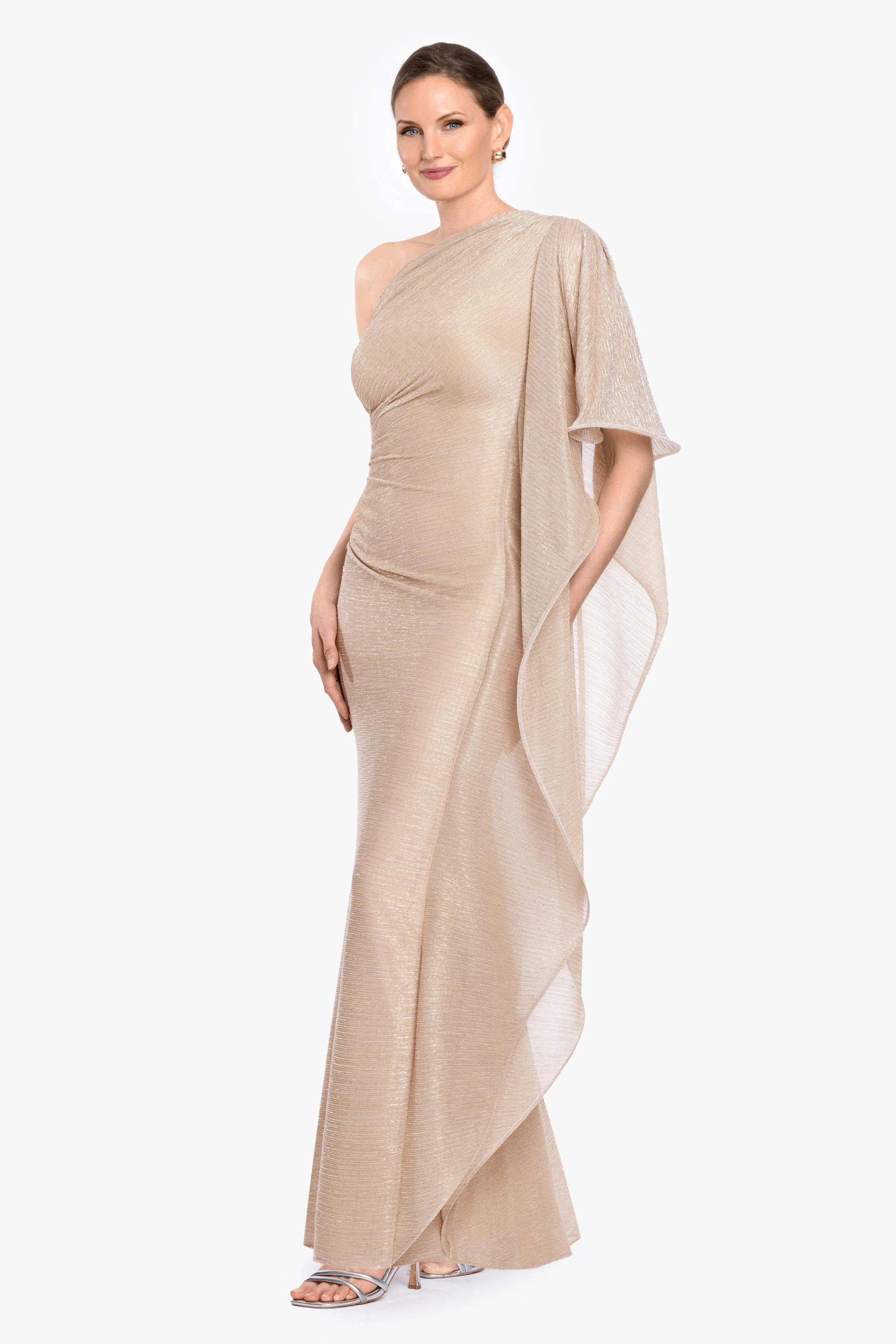 “Graclyn” Metallic One Shoulder Side Ruffle Dress sold by Betsy & Adam product image thumbnail 4