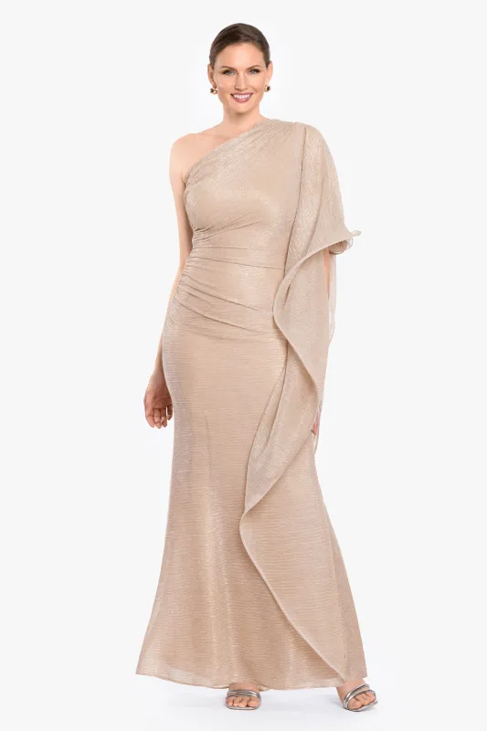 “Graclyn” Metallic One Shoulder Side Ruffle Dress made by Betsy & Adam