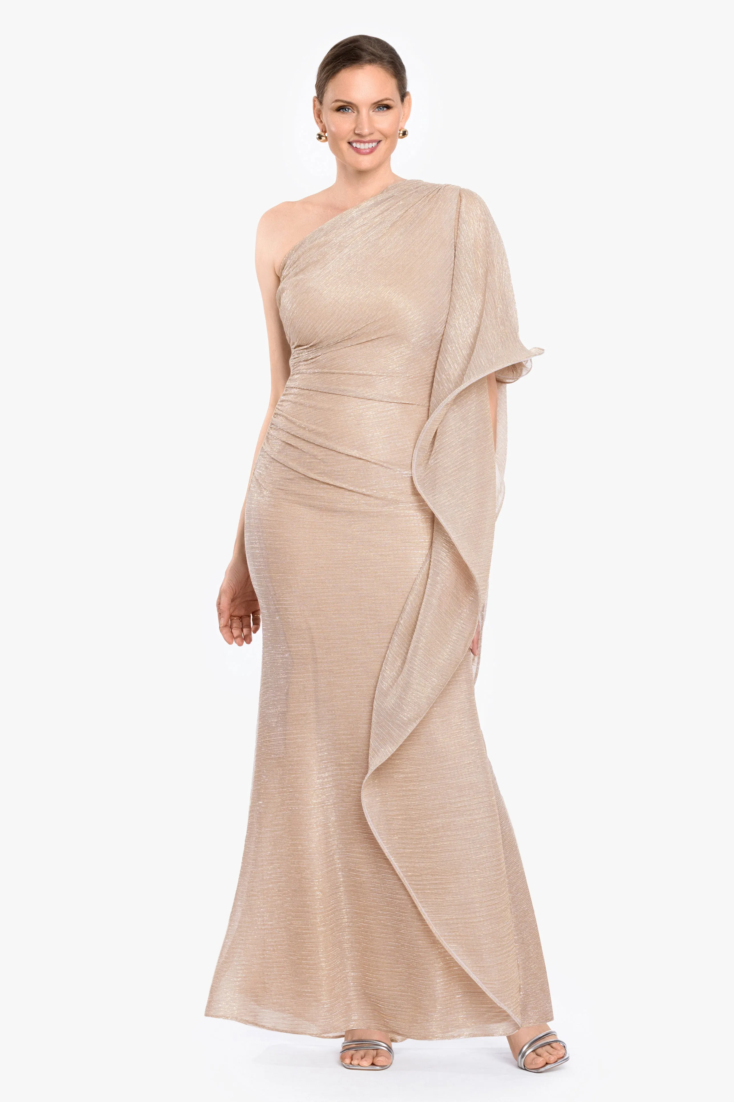 “Graclyn” Metallic One Shoulder Side Ruffle Dress sold by Betsy & Adam