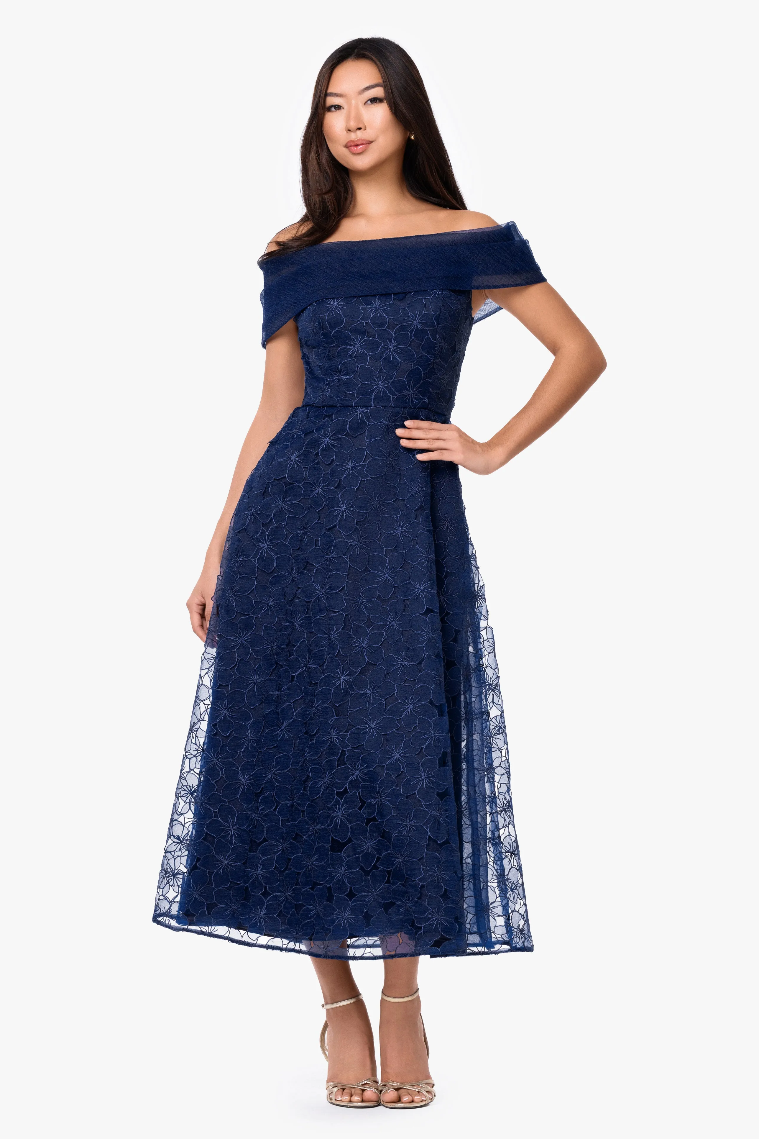 "Tiana" Embellished Gauze Off The Shoulder Midi Dress sold by Betsy & Adam