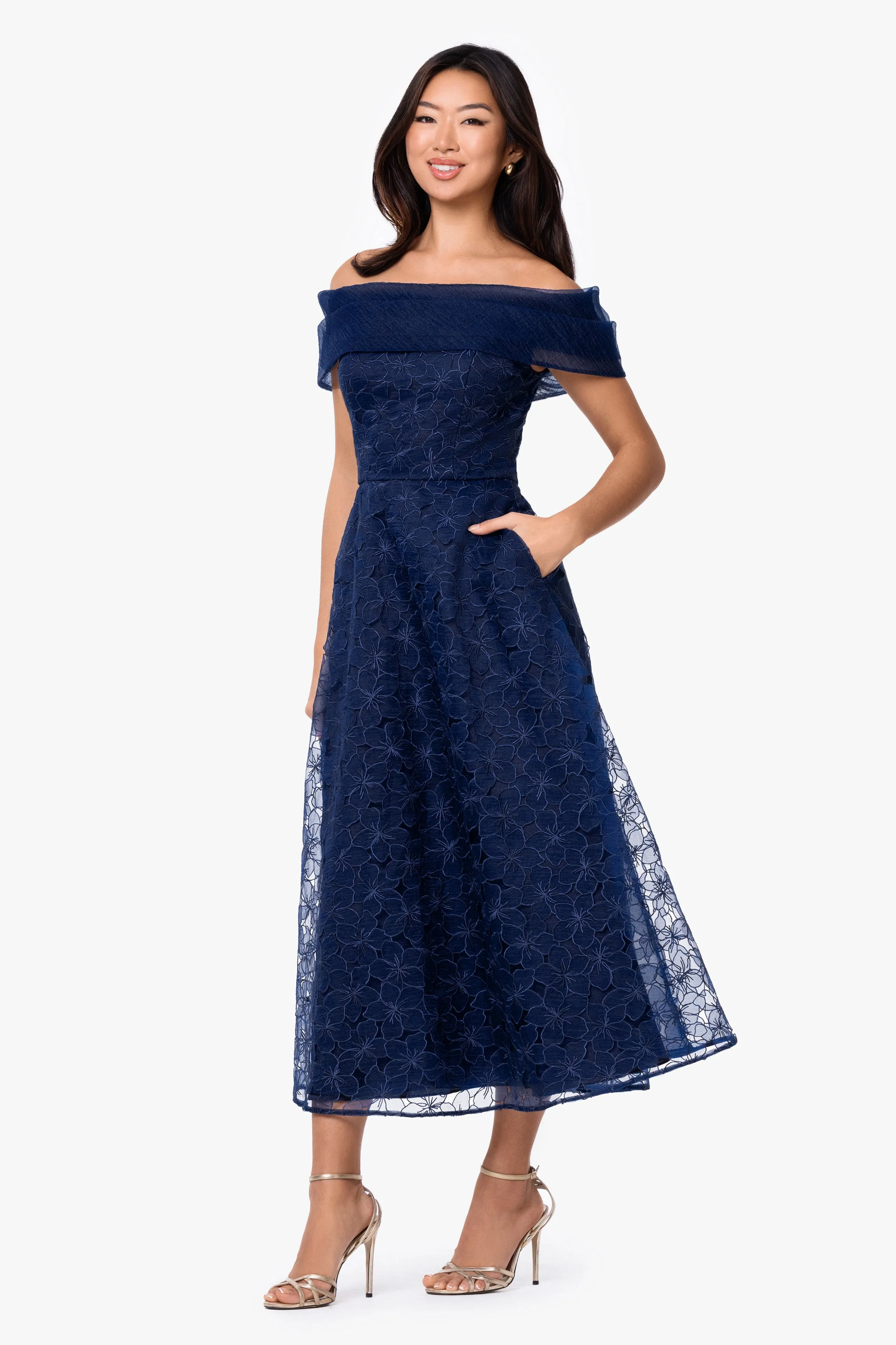 "Tiana" Embellished Gauze Off The Shoulder Midi Dress sold by Betsy & Adam product image thumbnail 4