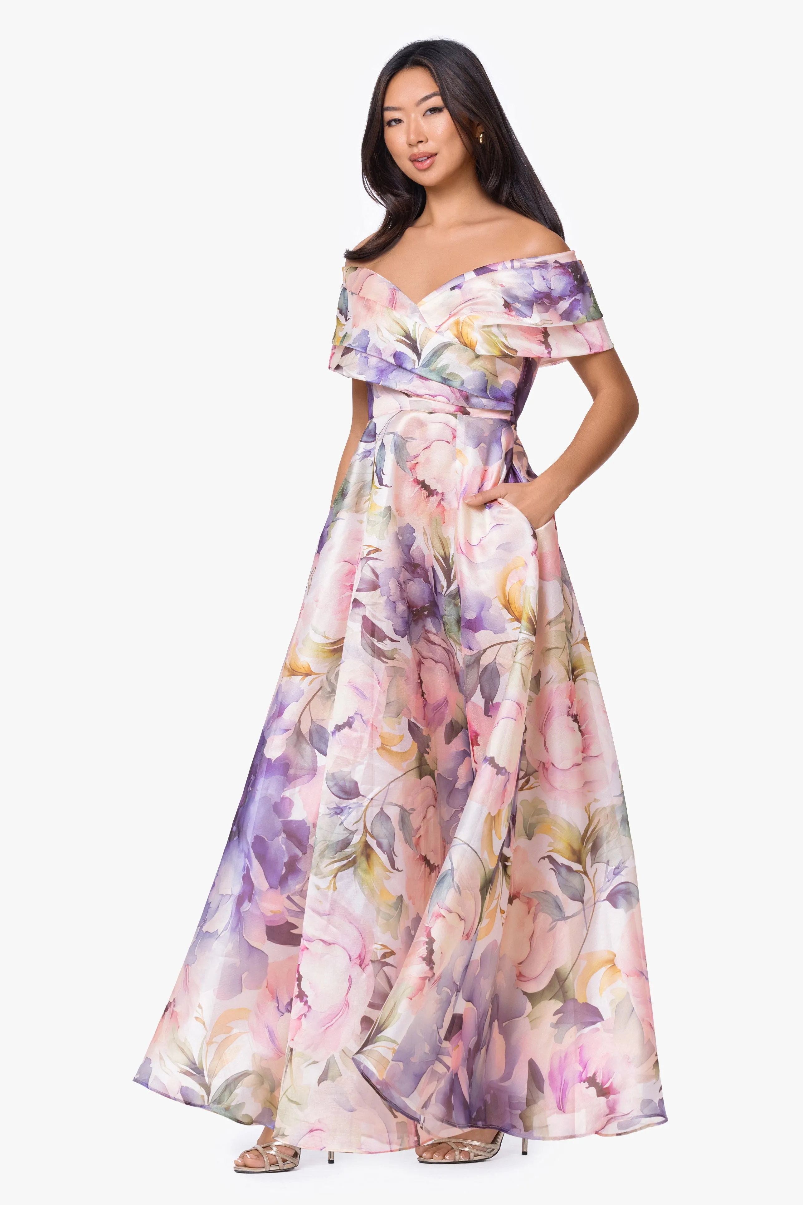 "Serenity" Petite Printed Organza Off The Shoulder Dress sold by Betsy & Adam product image thumbnail 4